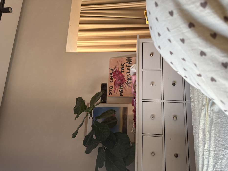 A white dresser with small drawers sits next to a wall painted in a neutral tone. Above the dresser, a slat shade is partially visible. A plant with large, green leaves stands to the left of the dresser. Stacked on top of a framed picture is a painting with Russian text. A white blanket with brown hearts is partially visible in the foreground.