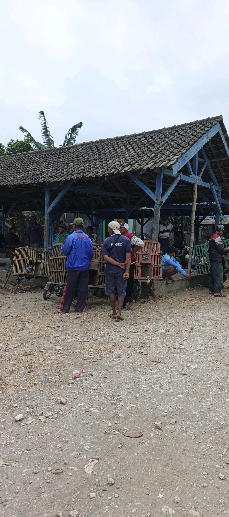 The image depicts a scene in Kasiyan, Indonesia, under a cloudy sky. A rustic, open-sided structure with a tiled roof supported by blue wooden posts dominates the mid-ground. In front of this structure, several wooden crates, possibly for transport, are arranged on wheeled platforms. A group of men are present, some standing and conversing, while others are seated or crouching. One man in a blue jacket and dark pants stands facing away from the camera, with his hands behind his back. Another man in a dark blue t-shirt and shorts is also facing away. A man in a red and white jacket is speaking with another man wearing a blue shirt. The ground is covered in gravel and debris. In the foreground, various small pieces of trash and debris are scattered on the ground. Lush green foliage and trees are visible in the background, suggesting a rural or semi-rural setting.