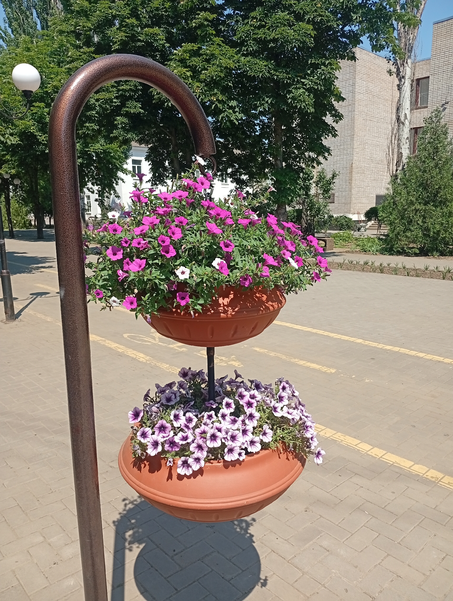A two-tiered planter filled with pink and white petunias sits atop a bronze pole on a paved walkway. A second planter with purple and white petunias is suspended below the first. In the background, a brick building and trees can be seen. The scene appears to be in the city of Pokrov, Ukraine.