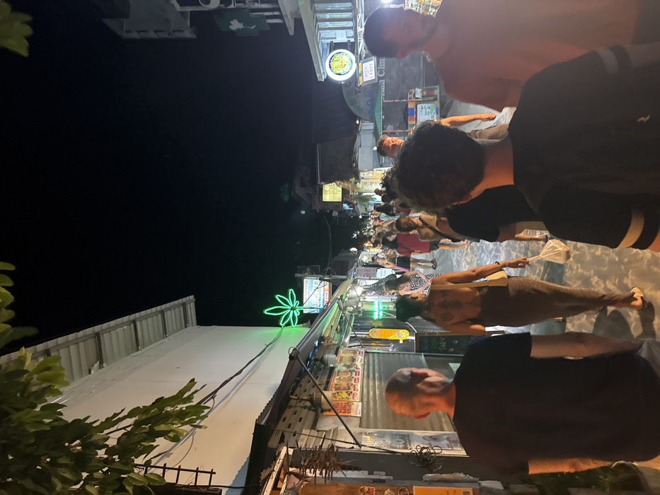 The image depicts a crowded nighttime street scene in Ban Ko Li Pe, Thailand. The narrow pedestrian thoroughfare is illuminated by artificial lights emanating from overhead fixtures and numerous commercial establishments lining both sides of the street. The sky above is dark.
In the immediate foreground, facing away from the camera, are four individuals. On the far left, a bald male in a black t-shirt walks with his back to the viewer. To his right, a female with dark hair, wearing a backless brown or tan ankle-length dress, holds a white plastic bag in her left hand and carries a light-colored shoulder bag on her right side. Directly in front of the camera, a person with dark, curly hair wears a black t-shirt with light horizontal stripes on the sleeves and a dark backpack. On the far right, partially visible, a male in a light peach or orange t-shirt walks.
Further down the street, dozens of other individuals, predominantly adults, are visible, walking in both directions, indicating a busy environment. The buildings lining the street house various shops and stalls. A prominent green neon sign shaped like a cannabis leaf is visible above a storefront on the left side of the street, approximately mid-frame. Other illuminated signs, including one with a Thai flag symbol and a round sign with green and yellow elements, are visible further down the street on the right. Skateboards are displayed vertically near a storefront on the left. The general environment suggests a bustling commercial or entertainment district.