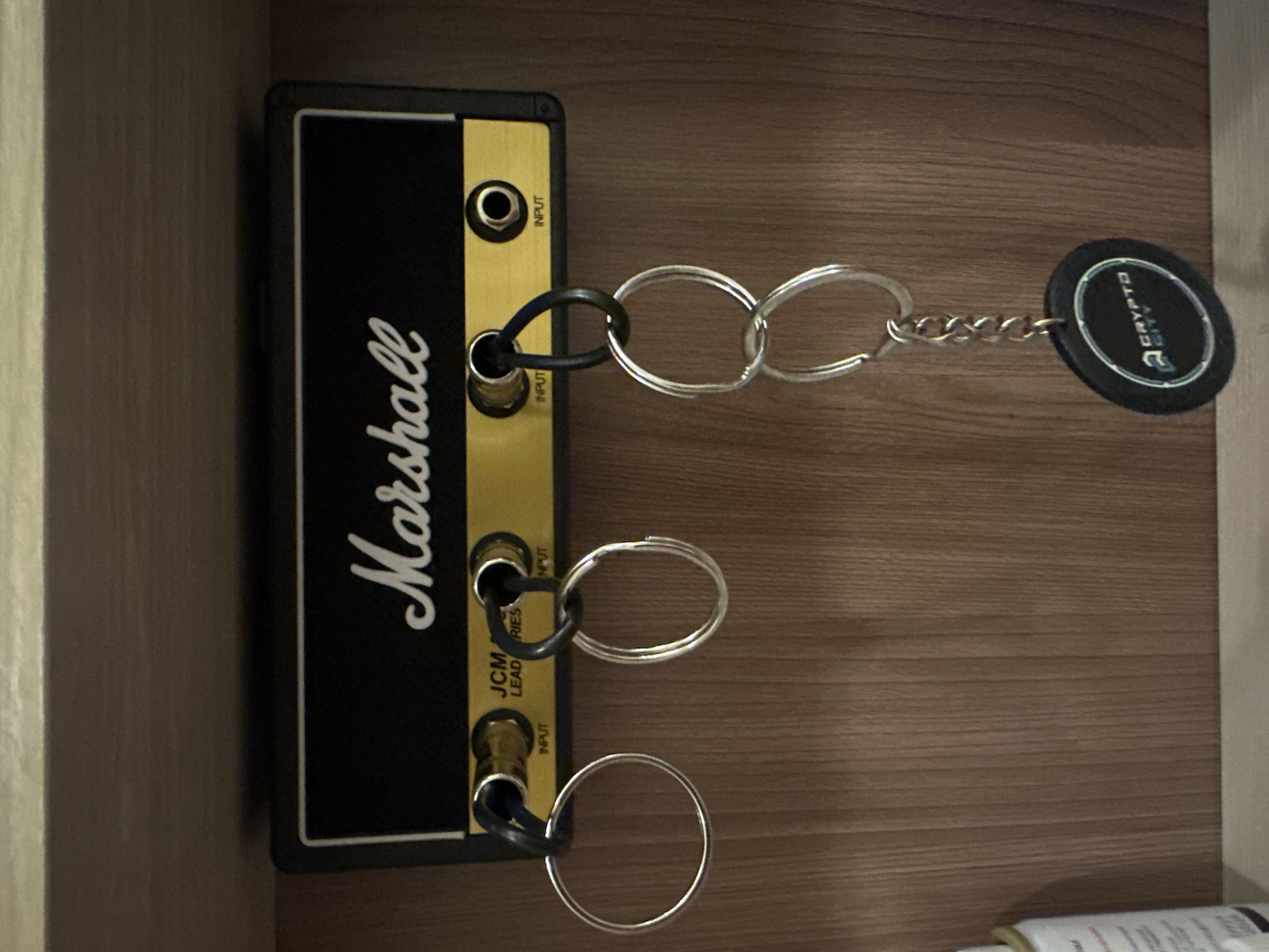 The image shows a wall-mounted key holder designed to resemble a Marshall amplifier head. The key holder is black with a gold faceplate, and features the "Marshall" logo in white script. There are three input jacks, labeled "INPUT" and "JCM LEAD SERIES".
Three keychains are hanging from the input jacks. The top keychain has a black loop that connects to two silver key rings, which are linked together in an infinity symbol shape. The middle keychain has a black loop connected to a single silver key ring. The bottom keychain has a black loop connected to a larger silver key ring. Attached to the top keychain is a round, black fob with "CRYPTO CITY" printed in white text within a blue and white circular border.
The key holder is mounted on a wooden surface, likely a wall or shelf, with a horizontal wood grain pattern. The lighting suggests an indoor environment. The image is cropped to focus on the key holder and keychains. There is no indication of the time of day, weather, or any emotions. The location context is provided as Orsk, Russia, but there are no visible cues in the image to confirm this.