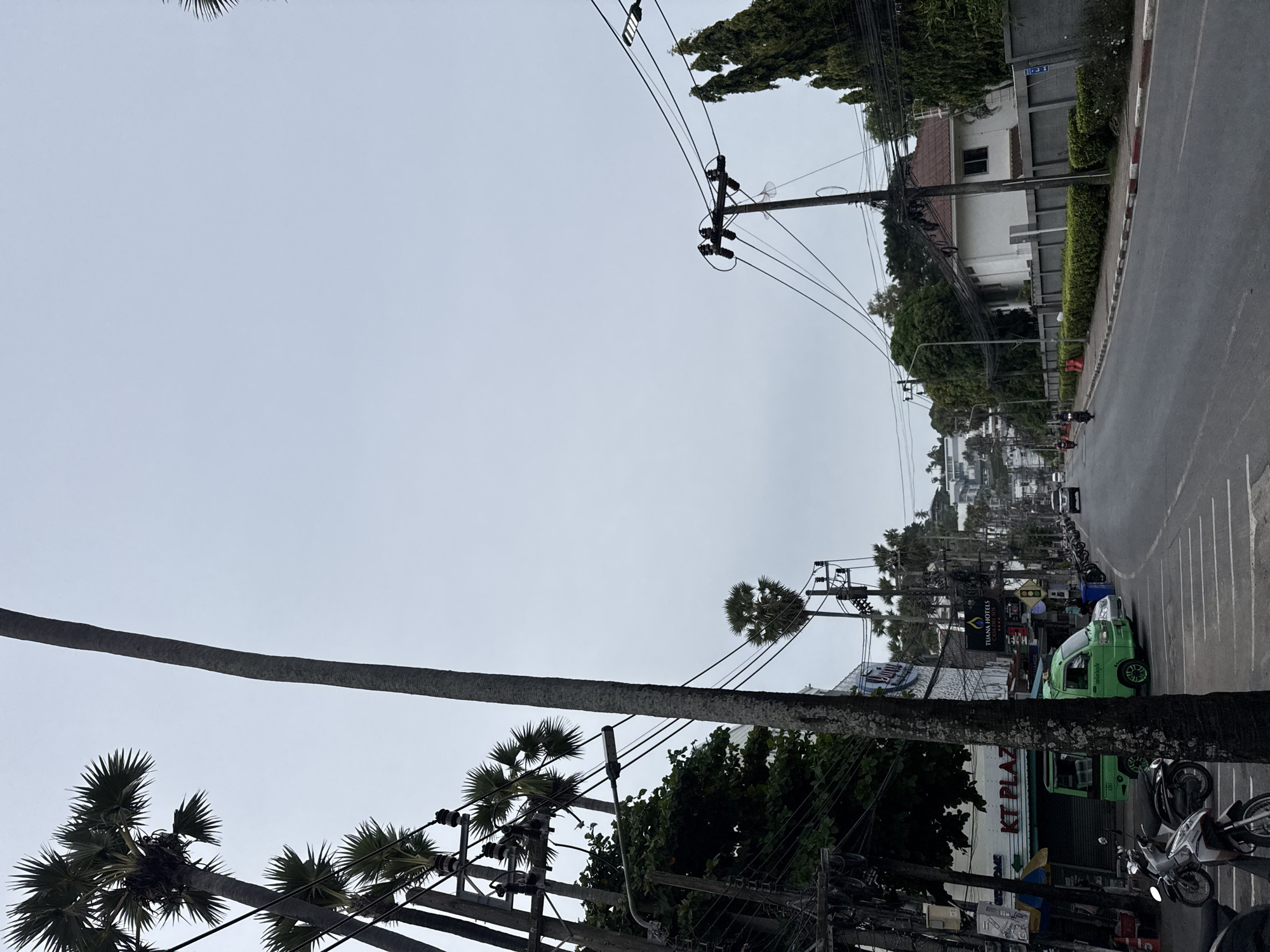 This is a photograph of a street scene in Karon, Thailand, taken on an overcast day. The foreground features a tall, textured palm tree trunk dominating the left side of the frame, with its fronds extending upwards. To the left of the palm tree, a cluster of smaller palm trees and a dense canopy of green foliage are visible. Electrical poles with numerous wires are strung across the scene, contributing to the urban atmosphere.
A street curves into the distance, lined with parked motorcycles on the left side. A bright green utility van is parked in front of a building with signage that reads "KT PLAZ" and "TUANA HOTELS". Further down the street, more buildings and shops are visible, interspersed with palm trees and electrical infrastructure. On the right side of the street, a white house with a red-tiled roof stands behind a gray concrete wall topped with manicured hedges. A few vehicles, including motorcycles and a car, are present on the road, and two individuals on a motorcycle are seen riding away from the camera. The sky is uniformly gray and appears to be cloudy.