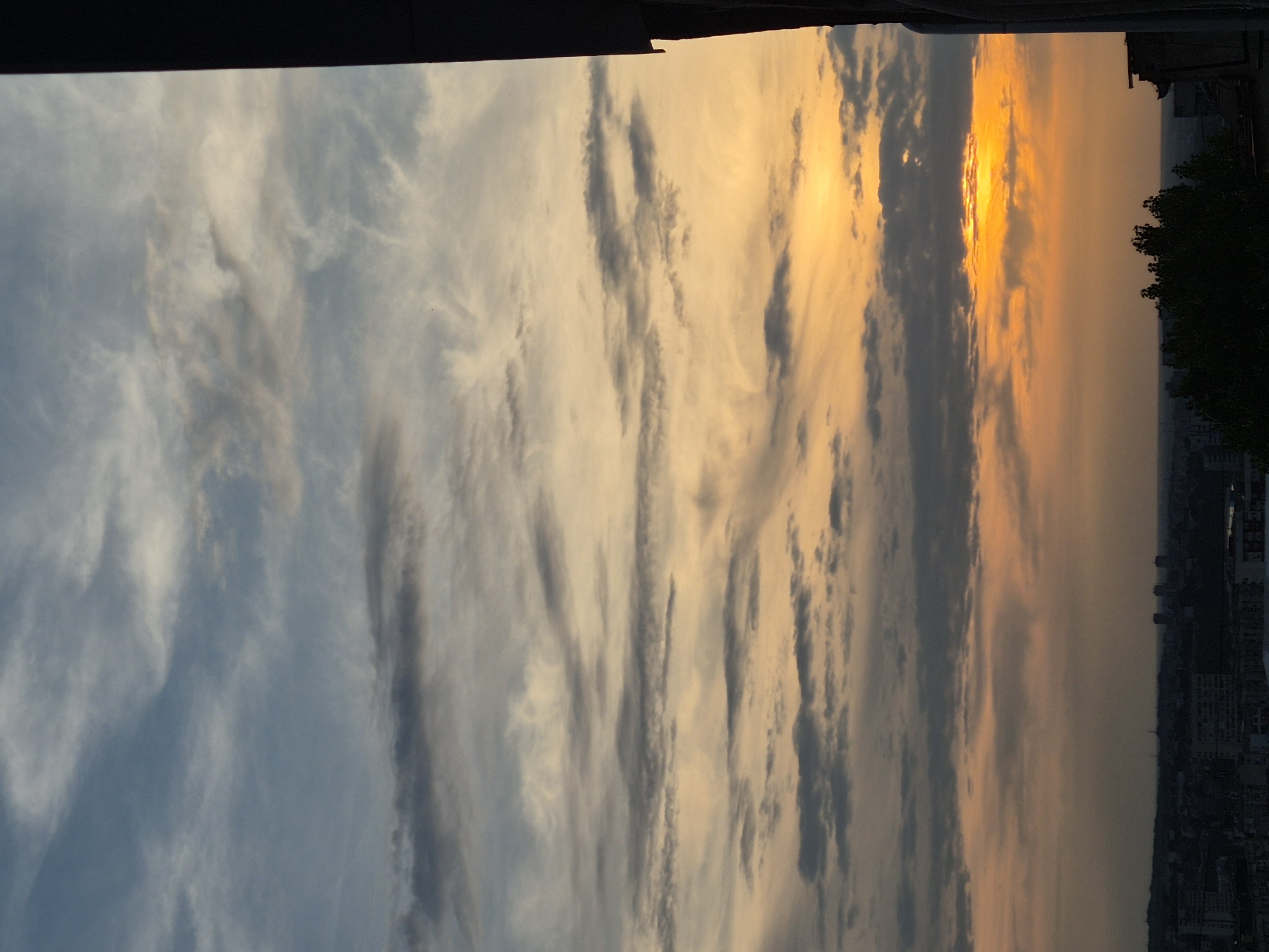 This image depicts an urban landscape in the city of Unknown, Unknown, observed from an elevated vantage point during twilight hours (sunrise or sunset). The sky occupies approximately two-thirds of the frame, displaying a vertical gradient of color and cloud formations. The uppermost section features a pale blue-grey sky with scattered, thin cirrus clouds. Below this, the sky transitions to warmer tones, primarily light orange and yellow, with layered stratocumulus clouds, some appearing dark grey and others illuminated with orange tints. Near the horizon, an intense horizontal band of vivid yellow-orange light signifies the partially obscured sun. The lower third of the image shows the dark silhouette of a sprawling urban area, consisting of numerous buildings against the fading light. A dense cluster of dark trees is visible in the lower-right foreground, partially obscuring some distant structures. A dark, vertical architectural element, likely a part of a building or frame, runs along the entire right edge of the image. No individuals, animals, or specific activities are visible within the scene.