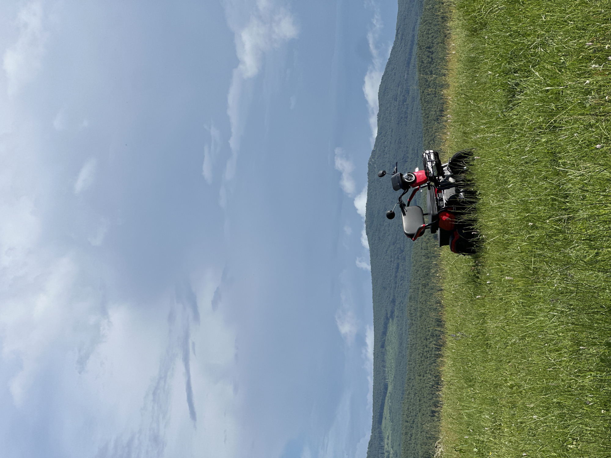 A red electric scooter is parked in a grassy field with a backdrop of rolling, tree-covered hills under a cloudy sky. The scooter has a seat for two, handlebars with mirrors, a headlight, and a basket in the front. The field is overgrown with tall green grass and scattered wildflowers. The hills in the distance are covered in a dense forest. The sky is a mix of blue and grey clouds, suggesting a partially overcast day. There are no people or animals visible in the image. The scene appears to be in a rural or natural setting.