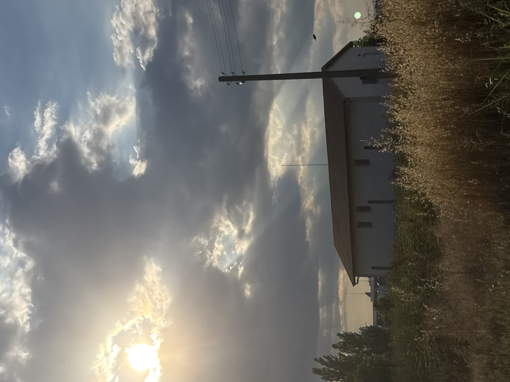 The image depicts a dramatic sky with sunlight breaking through dark, stormy clouds. The sun, a bright orb, casts rays that illuminate parts of the clouds, creating a contrast between light and shadow. In the foreground, to the right, is a building with a reddish-brown roof and a light-colored facade. It appears to be a house or a small commercial building. Tall, dry grass or reeds are visible in front of the building, adding a natural element to the scene. A utility pole with power lines extends across the frame, connecting to the building. The overall impression is one of natural power and the changing atmosphere, possibly indicating the end of a storm or an approaching one. The time of day is likely late afternoon or early evening, given the angle of the sun and the warm tones in the sky. The location is Gelemenovo, Bulgaria, which is not explicitly indicated by any text or visual cues in the image itself. There is no visible text in the image. The scene evokes a sense of awe and perhaps a touch of melancholy due to the moody sky.