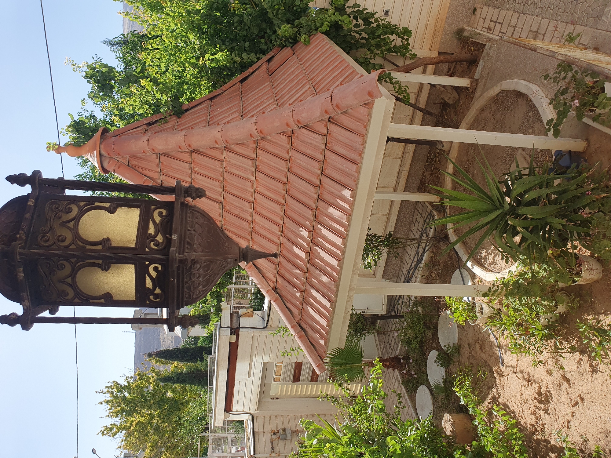 A large, ornate, dark metal lantern with textured, amber-colored arched glass panels hangs in the upper foreground, partially obscuring the view of an outdoor scene. The lantern features intricate scrollwork and a decorative finial. Below and slightly behind it is a gazebo or pavilion with a conical roof constructed from reddish-orange terracotta tiles, topped by a small, terracotta finial from which green leaves sprout. The roof is supported by at least three white rectangular pillars. The ground beneath the gazebo is bare earth, enclosed by a low, curved concrete border.
The surrounding area is a garden or courtyard with sandy, light brown soil. Several green plants are scattered throughout, including potted plants, a large yucca-like plant in the right foreground, and a small fan-palm plant on the left. Flat, circular stepping stones are embedded in the soil on the left. A white-painted wall with horizontal paneling and a small door is visible in the left background, featuring utility meters and wiring. A metal fence runs along the top of this wall. On the right, a paved area with interlocking tiles borders the garden.
In the background, various trees with green foliage are present, including a large tree with yellowish-green leaves on the left, and several dark green conical trees behind it. Lush green trees and bushes fill the space behind and to the right of the gazebo. The sky is clear and bright blue, with a distant hill or low mountain range visible on the horizon, featuring a utility tower. A power line crosses the sky in the upper left. The scene is well-lit by direct sunlight, casting shadows. No human or animal subjects are present. The location is the city of Unknown, Unknown.