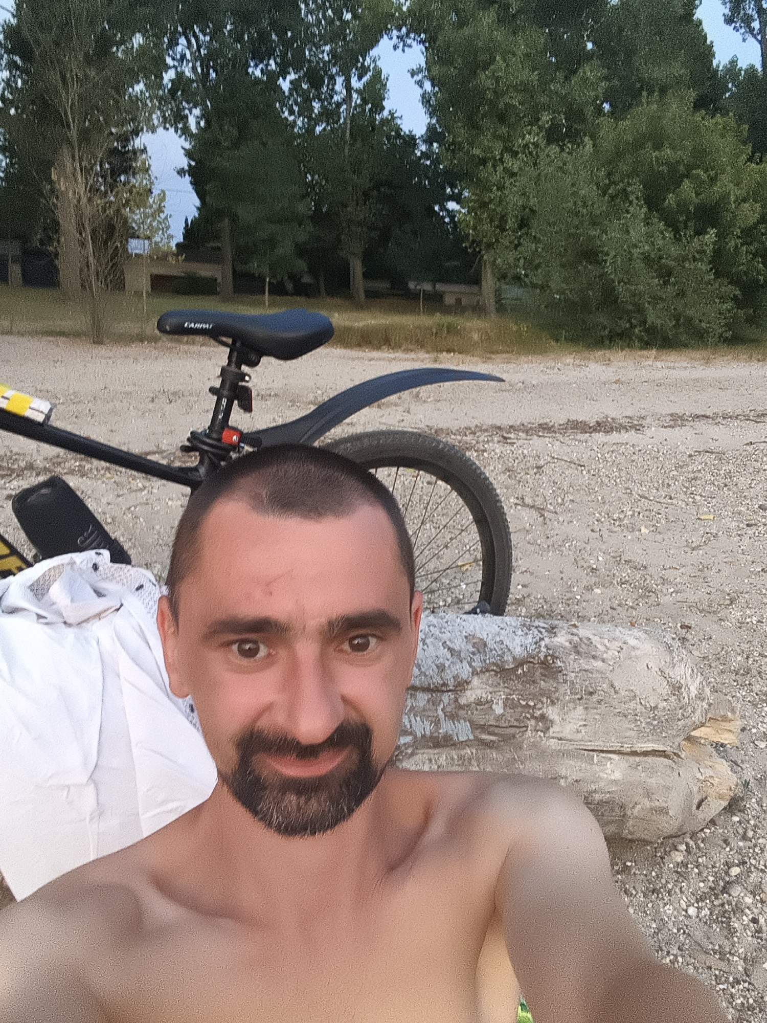 A man with a short beard and a light complexion is pictured from the chest up, facing the camera. He is shirtless and appears to be outdoors in a natural setting. Behind him, to the left, is the back of a bicycle with a black seat and frame, and a black fender over the rear wheel. A white cloth is draped over the bicycle's rear. In the background, there are several trees with green foliage, and a light blue sky. The ground appears to be covered in small pebbles or sand. The overall scene suggests a casual outdoor activity near a body of water or a park. This scene is likely in Dunakeszi, Hungary, a city known for its natural beauty and recreational areas.