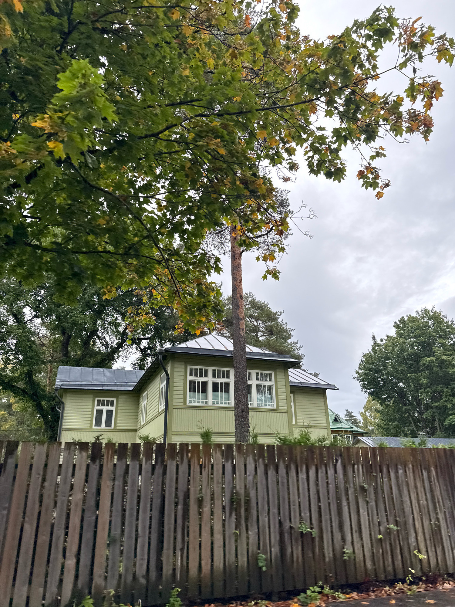 A pale green wooden house with white trim and multiple windows is visible behind a wooden fence. The house has a metal roof and is surrounded by trees, some of which have autumn foliage. The sky is overcast. The location is Kadriorg Park in Tallinn, Estonia.