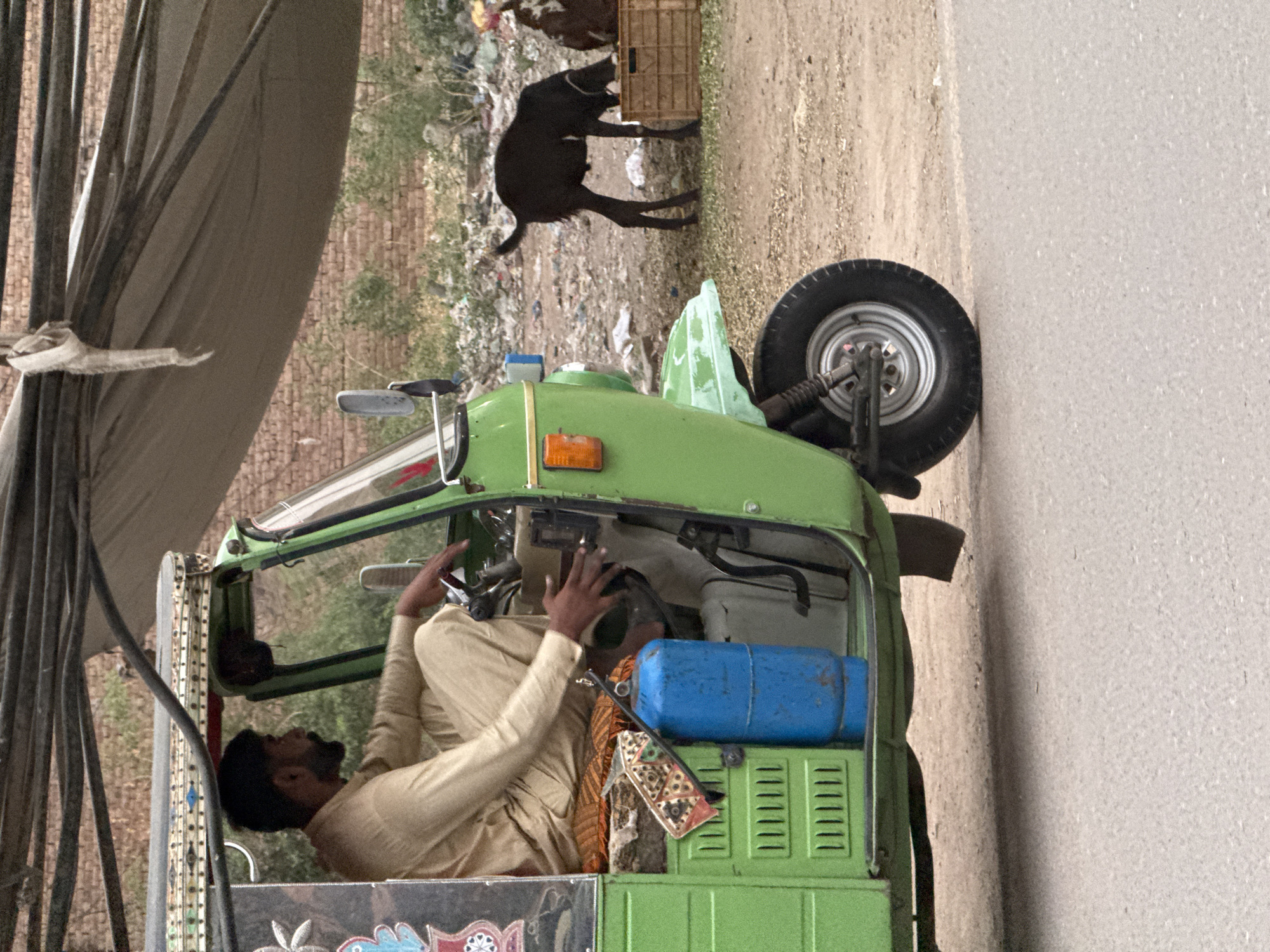 A daytime outdoor shot shows a man resting in a green auto rickshaw. The man, seen in profile, has dark hair and a beard, and he's wearing a light-colored, loose-fitting outfit. He is seated inside the rickshaw with his hands on the steering wheel. Behind the rickshaw, a dog stands near a crate. The background consists of vegetation and what appears to be scattered litter. The edge of a paved road is visible on the right, and a canopy covers the rickshaw. The location appears to be an urban environment, though specific city and state details are not discernible.