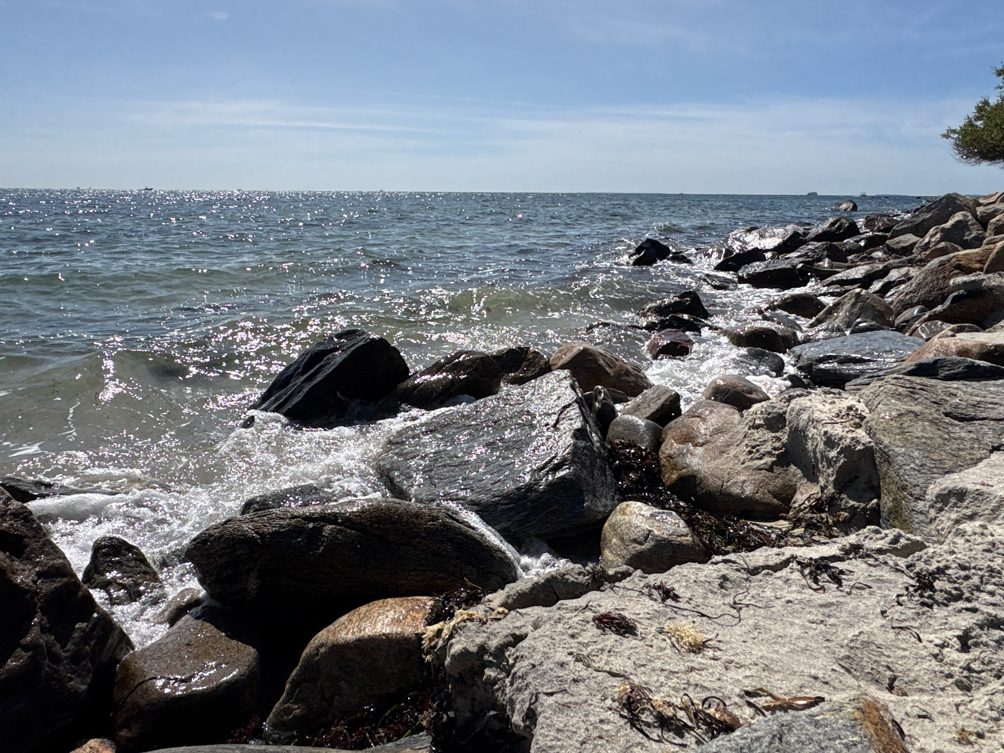 A rocky shoreline is in the foreground, with the choppy, sun-dappled ocean stretching to the horizon under a partly cloudy sky. There are several ships visible in the distance. The shore is covered with various sizes of grey and brown rocks, some of which are wet from the waves. Seaweed is visible among the rocks.