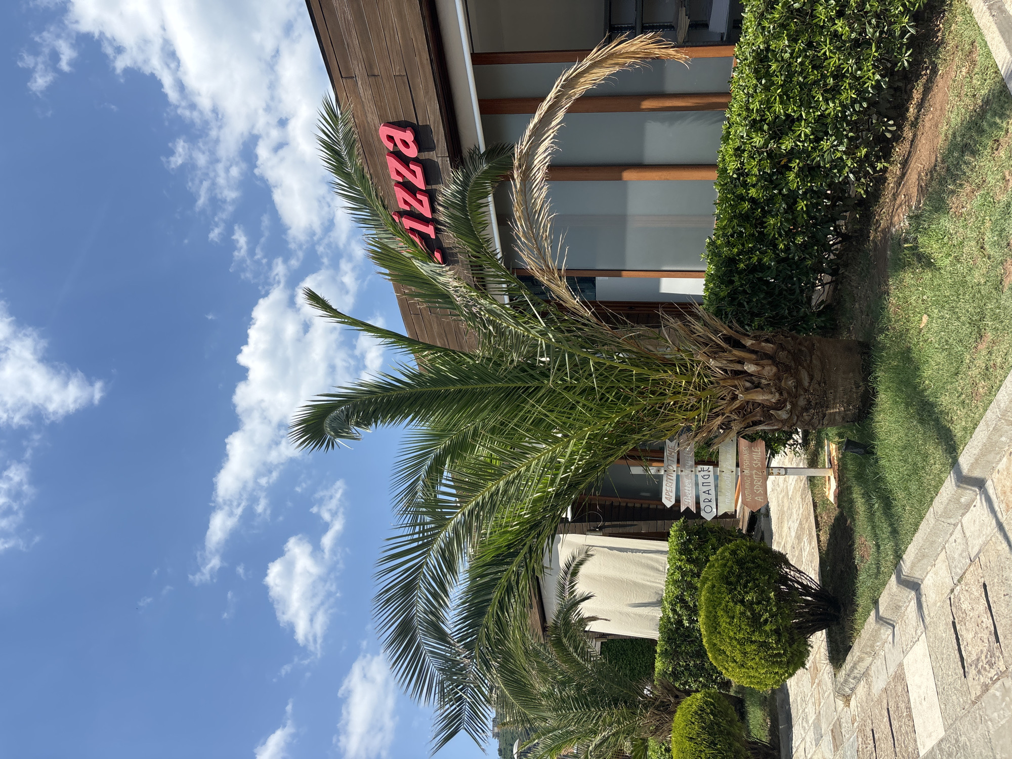 The image shows a street scene in Budva, Montenegro, on a sunny day with a blue sky and scattered clouds. In the foreground, a palm tree with lush green fronds stands tall, with a portion of a dried frond visible. To the left of the palm tree, there are two neatly trimmed, spherical bushes. A path paved with irregular stone slabs runs along the left side of the image, bordered by a curb. To the right of the palm tree, a hedge of dark green, dense foliage runs horizontally.
Behind the vegetation, a building with a wooden facade is visible. A large red sign with the word "PIZZA" in illuminated letters is mounted on the facade. The building has large windows with wooden frames. A directional signpost is planted in the grass near the palm tree, with several wooden signs pointing in different directions. The signs have text, some of which is legible, including "APERITIVO TIME", "Better", "ORANGE", and "NOTHING BUT SHINES A SPRITZ SMILE".
The environment suggests a warm, pleasant climate, likely a tourist area given the signage for food and drinks. The overall scene depicts an outdoor dining establishment or a business with a similar theme, set in a well-maintained garden area. There are no people visible in the image. The lighting indicates it is daytime, with the sun casting shadows on the grass and pavement.