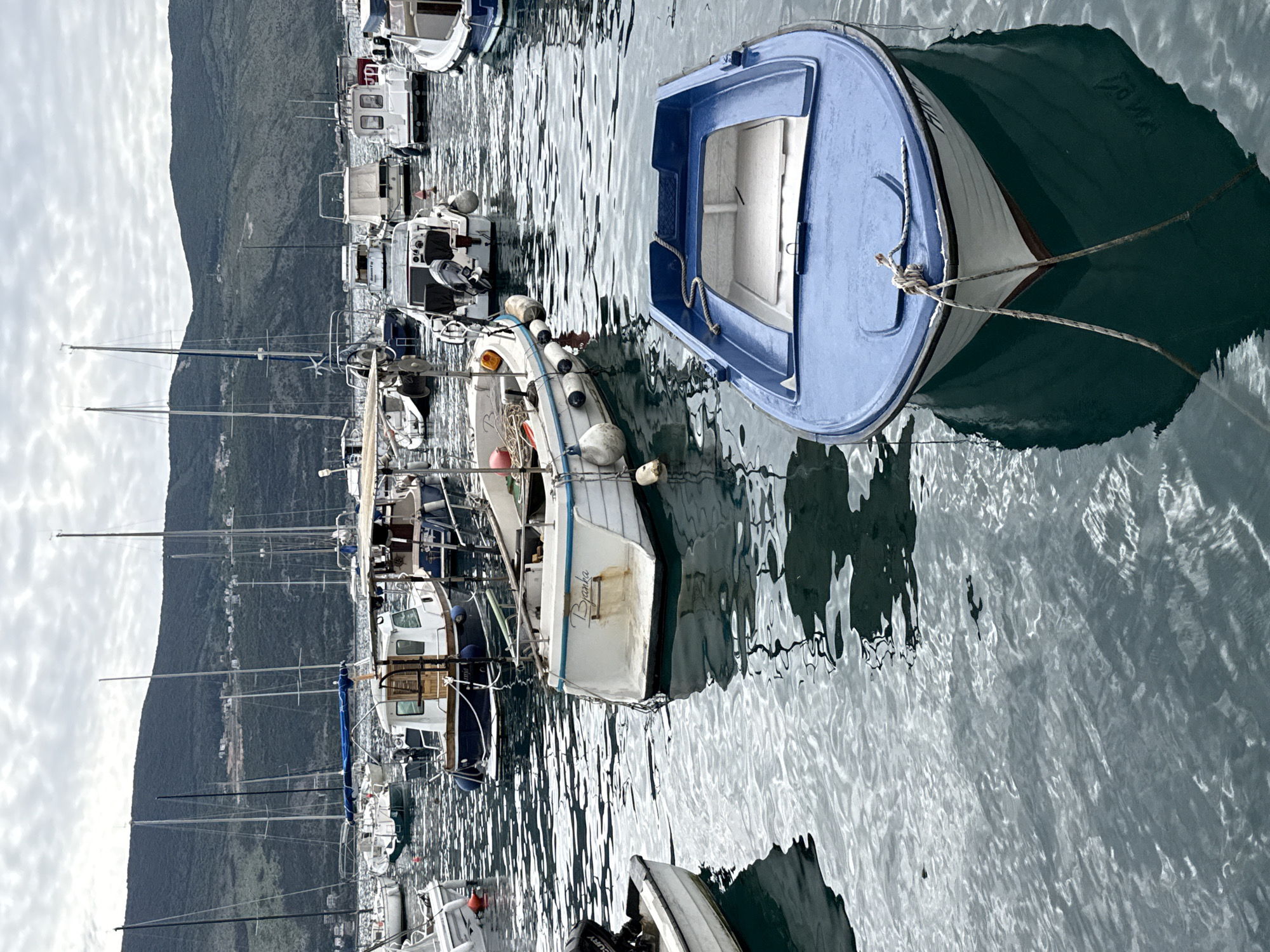 The image captures a marina or harbor setting in Herceg Novi, Montenegro. The foreground features a small, blue and white boat secured with a rope. Several other boats of varying sizes and designs are moored nearby. The water surface is textured by waves and reflections. In the background, a rugged coastline or mountainside is visible under an overcast sky. Sailboat masts stand tall among the smaller boats.