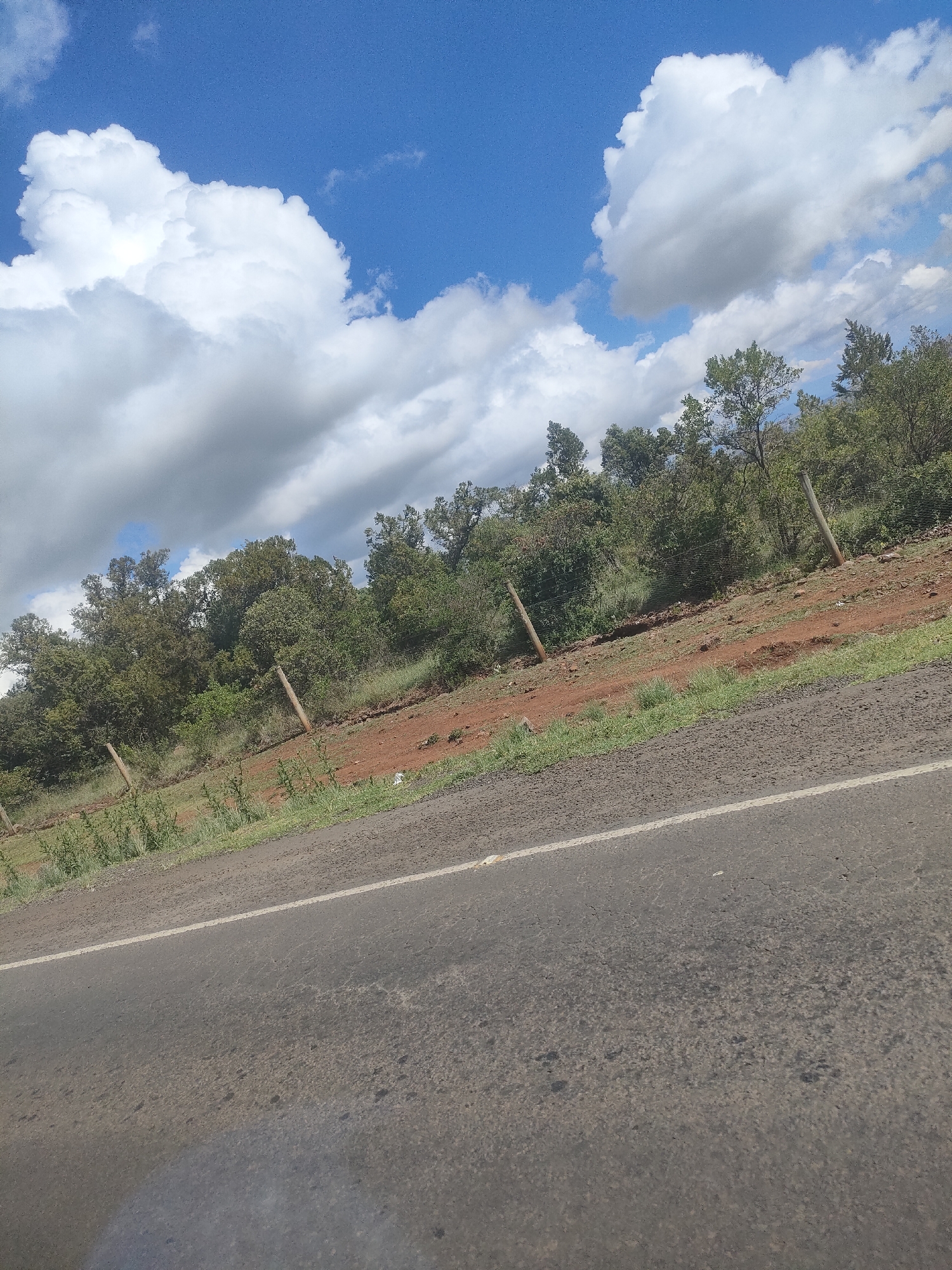 The image shows a roadside scene in Kisima Ward, Kenya. A paved asphalt road with a white edge line occupies the foreground. Beyond the road is a verge with short grass and sparse vegetation. Further on, a sloping embankment is covered with reddish-brown soil and scattered trees and shrubs. A rudimentary fence consisting of wooden posts and wire runs along the embankment. The sky is visible in the background and is blue with large, puffy white clouds. No people or animals are visible in the frame.