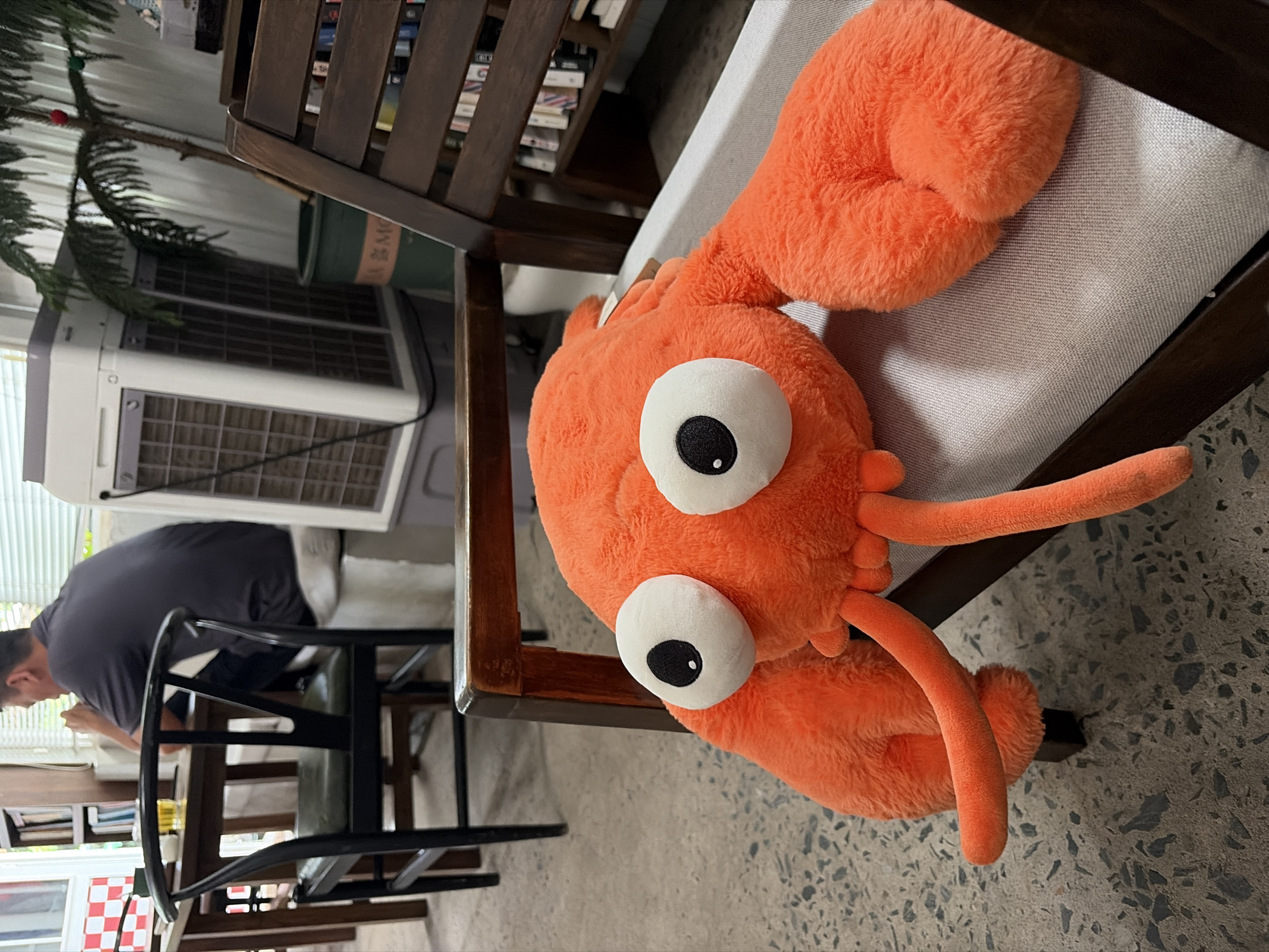 A stuffed orange crab toy with large white eyes and black pupils is lying on a light gray chair cushion. The crab is in the foreground, with its antennae extending towards the viewer. In the background, a man wearing a dark gray t-shirt and dark pants sits at a wooden table. Behind the man is a white air cooler and a potted plant. The scene appears to be an indoor setting, possibly a cafe or restaurant in Đà Nẵng, Vietnam. The floor is a speckled gray concrete. Wooden chairs and tables are visible, along with bookshelves in the far background.
