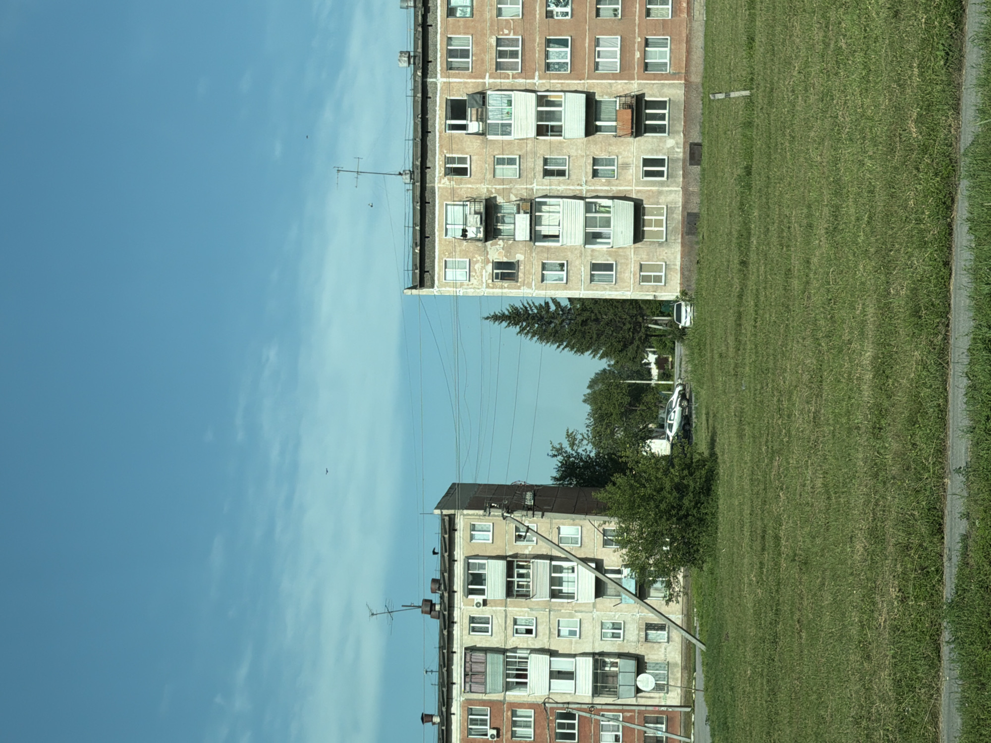 The image captures a view of two apartment buildings in Evsino, Russia, situated on a sunny day with a clear blue sky and scattered clouds. The apartment buildings appear to be identical, five-story structures with light-colored facades and balconies. They are positioned on opposite sides of a grassy field, with power lines stretching between them. The field in the foreground is covered in well-maintained green grass, suggesting it is a public space or park. On the right side of the image, a dark green evergreen tree stands tall, contrasting with the buildings. A white car is parked near the building on the right. The scene is tranquil and residential.