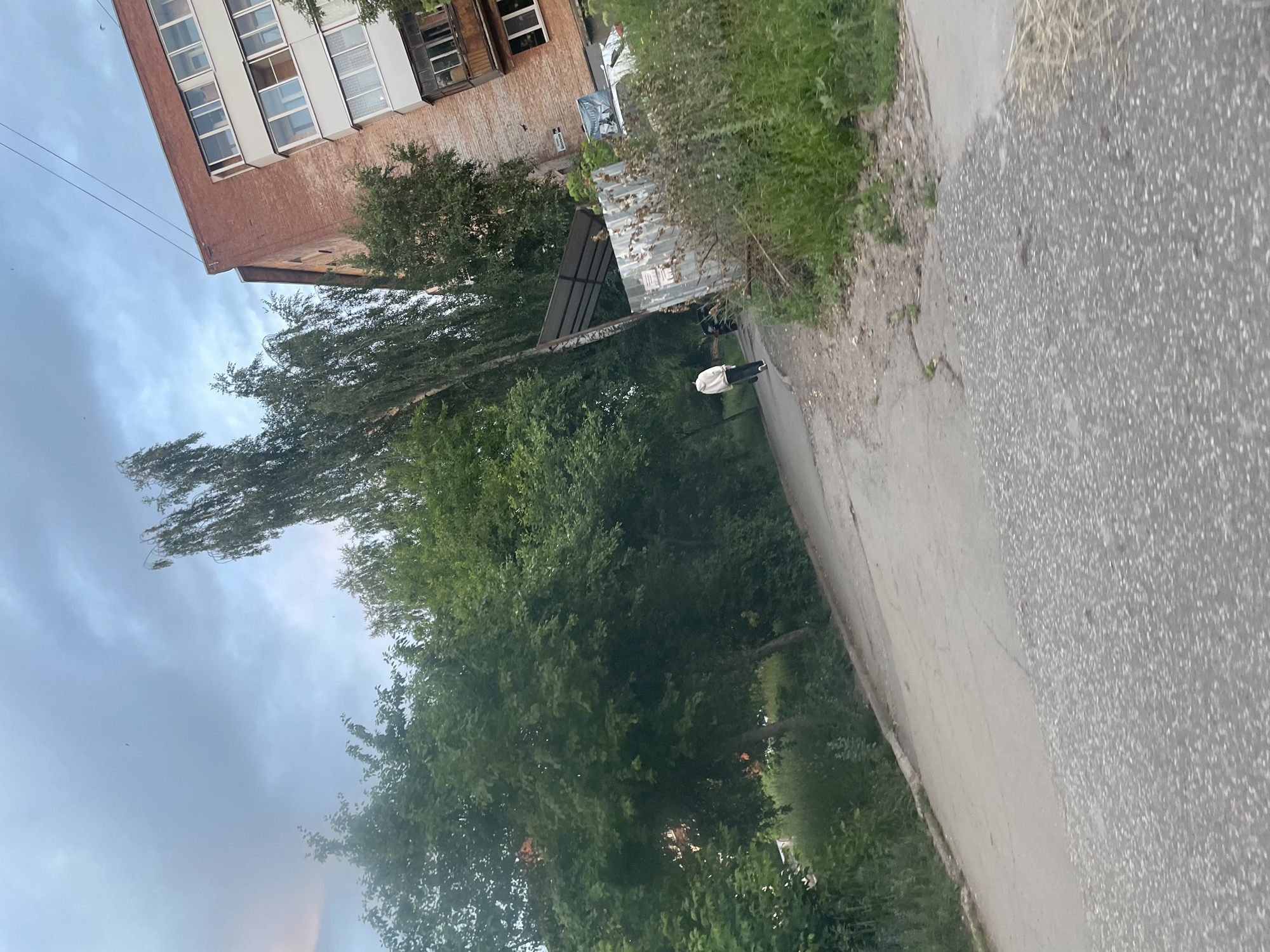 The image shows an exterior scene on a cloudy day, likely in the late afternoon or early evening given the overcast sky. The setting appears to be a residential area in Votkinsk, Russia, with a brick apartment building on the left side of the frame. This building has multiple floors with windows and balconies. In front of the building, there is a paved walkway and an area with lush green trees and foliage. A portion of a corrugated metal awning or roof structure is visible near the building.
There are two people visible on the walkway. One person is wearing a white top and dark pants, and the other person's clothing is less discernible. They appear to be walking or standing, but their activity is not clearly defined. The overall atmosphere of the scene is ordinary and mundane, with no strong emotional cues. The presence of trees and the architecture suggest an urban or suburban environment. No visible text is present in the image.