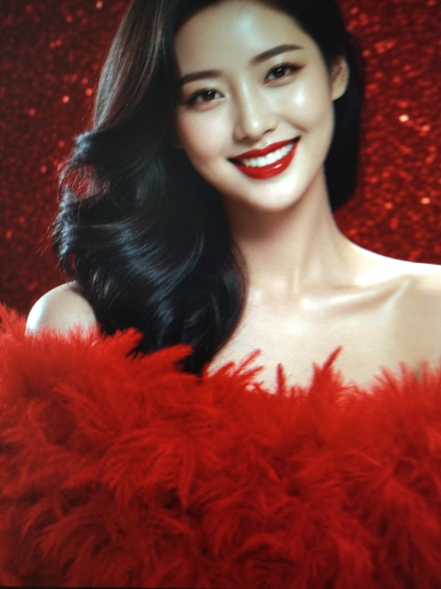 A close-up, chest-up, portrait of a young East Asian woman with dark, wavy hair and bright red lipstick smiling at the camera. Her bare shoulders and décolletage are visible, adorned with a fluffy red boa that obscures her lower chest. The background is a dark red, speckled with glittery highlights, creating a festive or glamorous atmosphere. The image appears to be a photograph, possibly from a fashion shoot or advertisement.