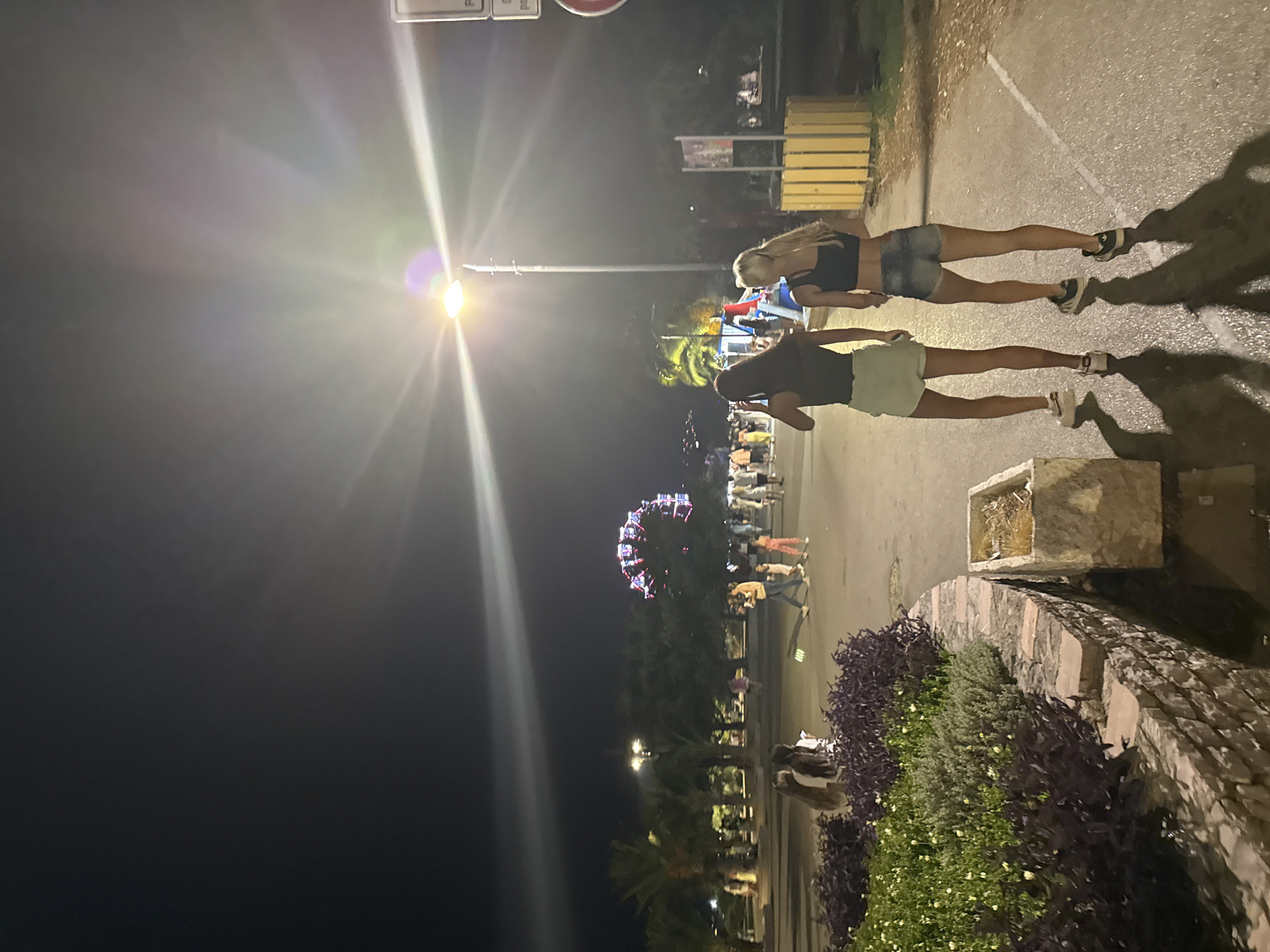 The image captures an outdoor nighttime scene in the city of Bar, Montenegro. Two young women are walking away from the camera on a paved pathway. The woman on the left has long dark hair and is wearing a dark sleeveless top and a light-colored skirt. The woman on the right has blonde hair and is wearing a dark sports bra and denim shorts. They are walking on a path that is lit by a bright streetlamp positioned to the left of the frame. In the background, there are palm trees, other pedestrians, and a Ferris wheel with colorful lights. The ground is asphalt, and there are shadows cast by the streetlamp and the people. To the left of the path is a low stone wall bordering a planter with lush green and purple foliage. A rectangular stone planter is visible to the right of the foliage. The overall ambiance is that of a lively night out in a coastal city.