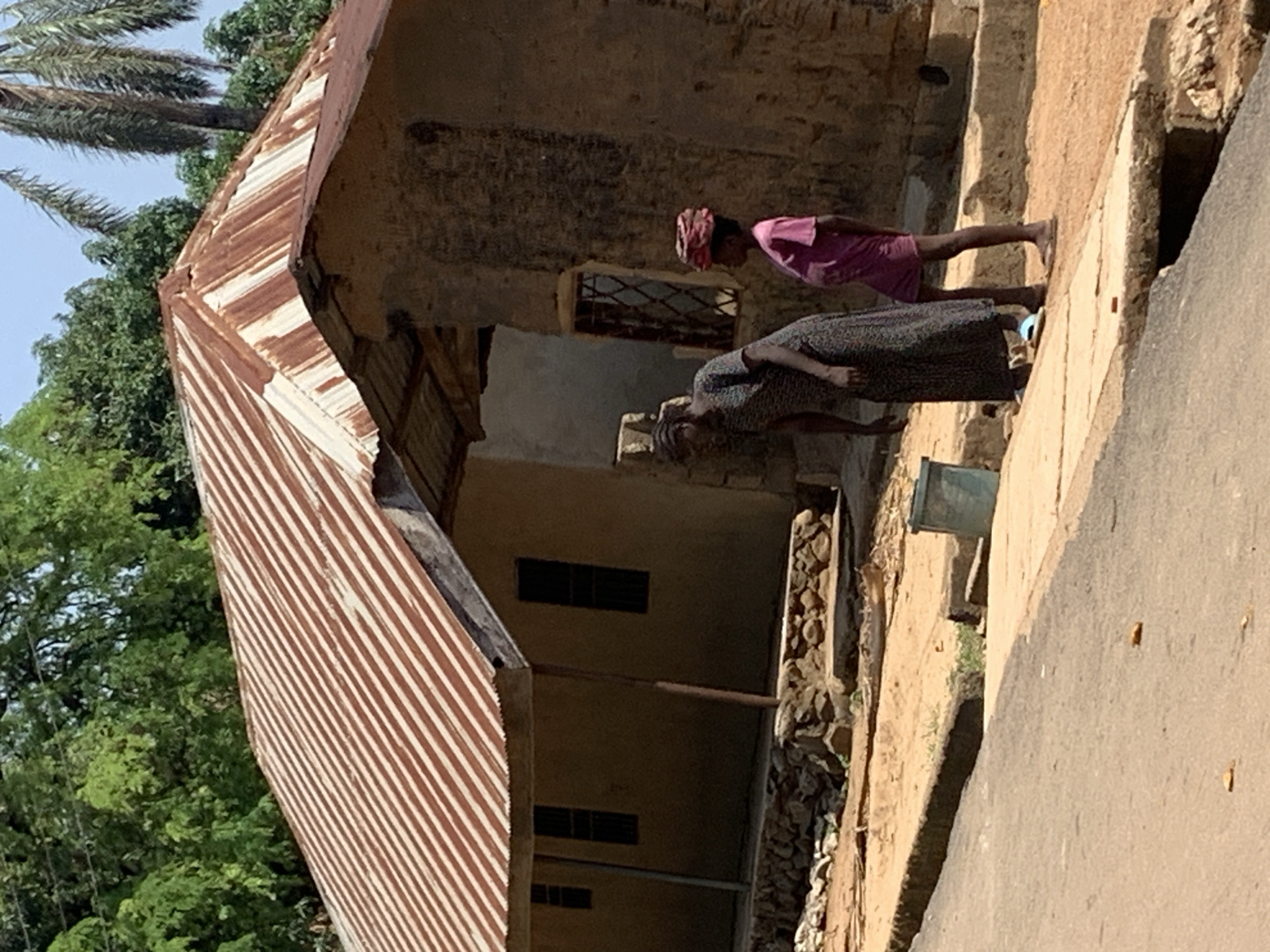 In Fada, Nigeria, an elderly woman in a floral dress stands on a dirt and stone-lined path beside a dilapidated building, while a young girl in pink stands beside her. The building has a corrugated metal roof and small windows. The environment includes trees, a road, and other vegetation.