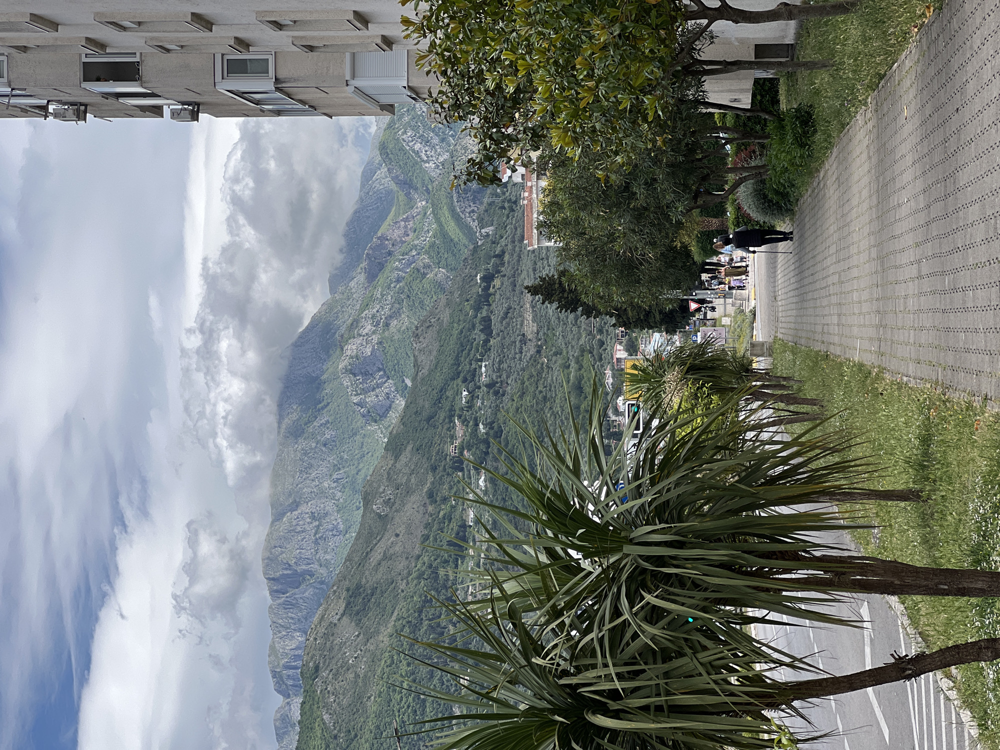 The image shows a view in Bar, Montenegro. In the foreground, several palm trees line a paved walkway, which is parallel to a road. People are walking on the walkway. Behind the trees and walkway are mountains, partially obscured by clouds. In the background, there is a building complex. The sky is cloudy, with patches of blue.