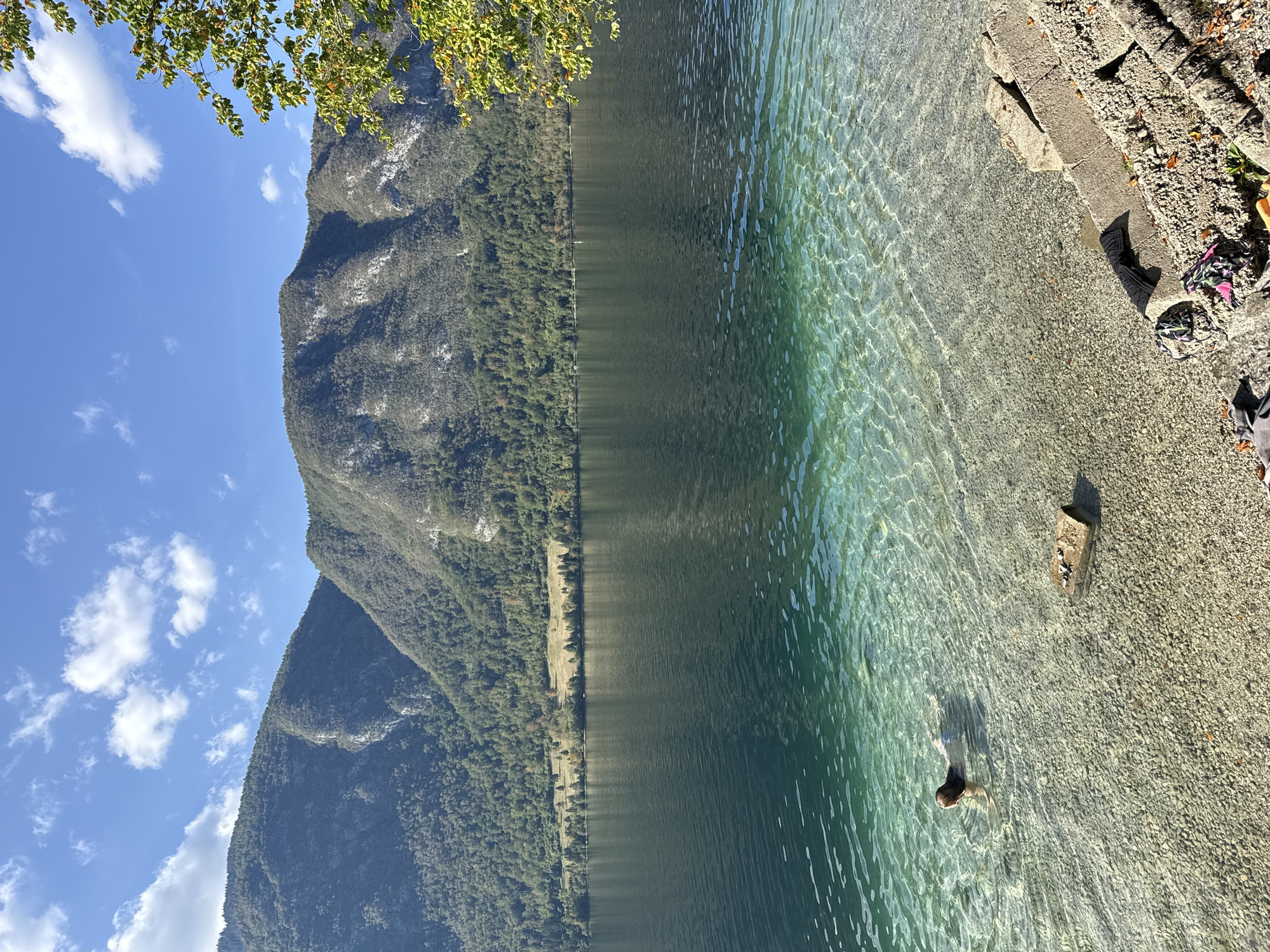 In Ribčev Laz, Slovenia, a clear, shallow body of water is visible in the foreground, with a person swimming in the turquoise water on the left side of the image. The water has a pebble-covered bottom, and a concrete structure is present on the right. In the background, a vast expanse of dark green water stretches towards a tree-lined mountain range under a bright blue sky with scattered white clouds. The trees on the mountains appear to be a mix of deciduous and coniferous, with some autumn colors present on the deciduous trees. The overall scene depicts a serene natural landscape with a person enjoying recreational activity.