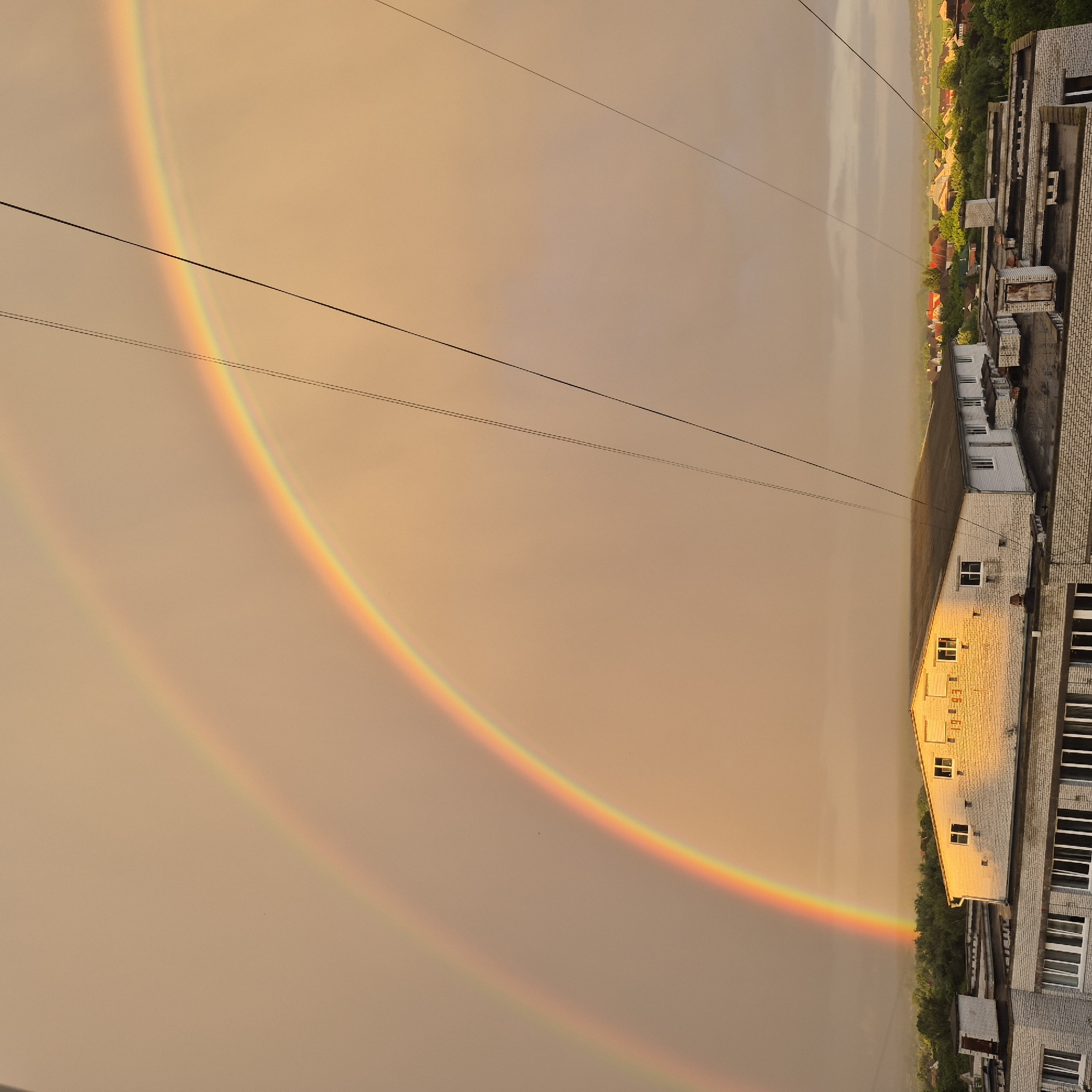 The image captures a dramatic sky scene over the city of Bila Tserkva, Ukraine, featuring a prominent double rainbow arcing across a hazy, golden-tinged atmosphere. The primary rainbow, vibrant and clearly defined with its full spectrum of colors, is complemented by a fainter, secondary rainbow positioned above it. The sky itself appears overcast with a warm, diffused light, suggesting either sunrise or sunset.
In the foreground, the rooftops of several multi-story buildings are visible. These structures appear to be constructed with brick and concrete, with flat or slightly sloped dark roofs. One building, a white brick structure with a dark roof, is centrally located and illuminated by the warm light, highlighting its windows and architectural details. The texture of the brickwork is visible. A white brick chimney with a weathered door is also present on one of the rooftops.
Stretching across the upper portion of the image are thin, dark wires, likely power or communication lines, which intersect the sky and the scene. These wires add a man-made element to the natural spectacle of the rainbows.
Beyond the buildings, a dense expanse of green trees forms a natural barrier, interspersed with glimpses of houses with red and orange tiled roofs, indicating a residential area. The background fades into a soft, misty haze, characteristic of a humid or post-rain environment. No people are visible in the frame. The overall impression is one of natural beauty and urban landscape merging under an atmospheric sky.