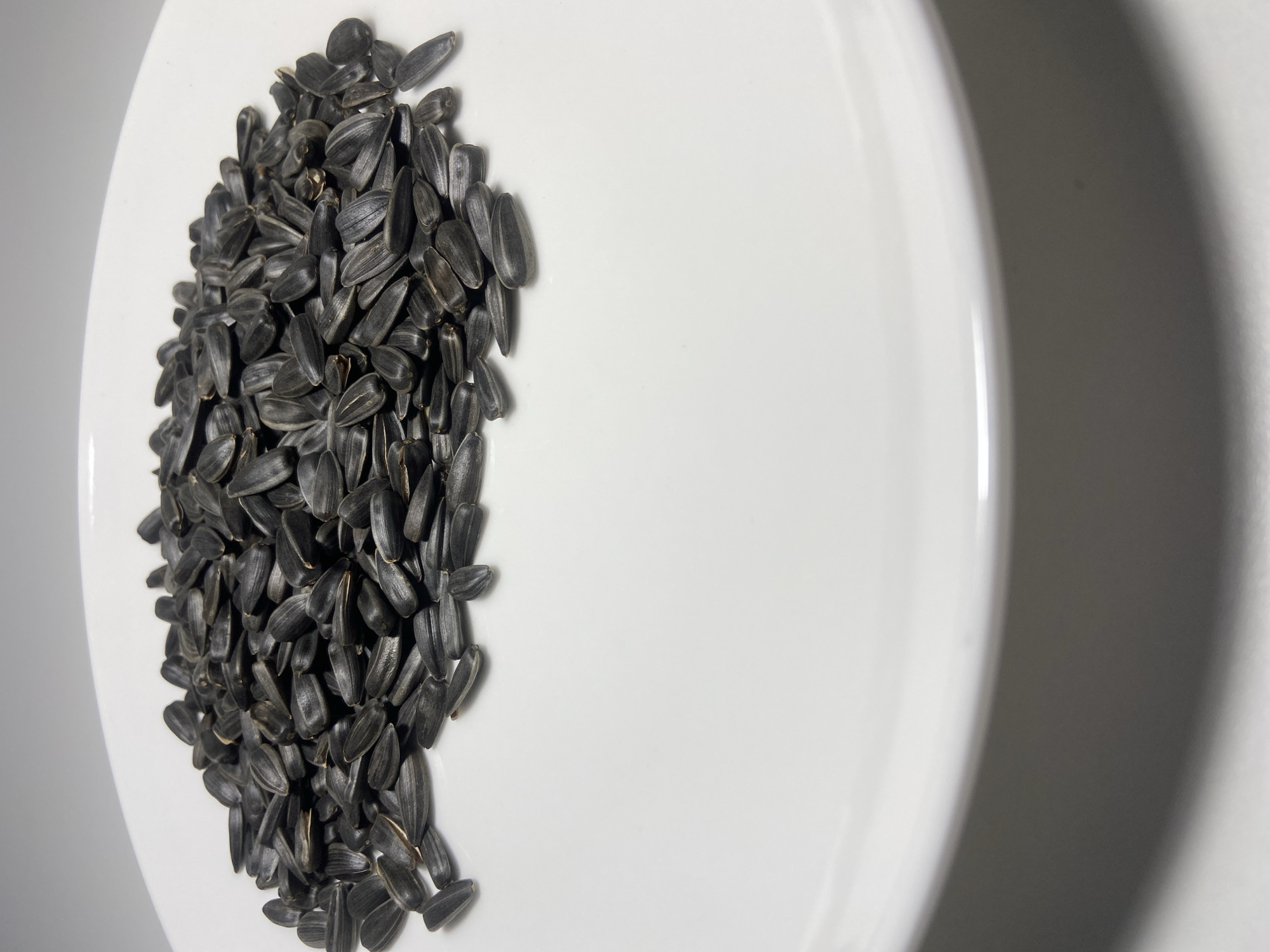 A large quantity of dark-shelled sunflower seeds is piled on a white, round ceramic plate. The seeds, primarily black with some displaying faint gray longitudinal striations, are clustered towards the upper portion of the plate, covering approximately the top third of its visible surface. The plate rests on a light-colored, uniform surface against a plain, light background, indicating a controlled setting. No individuals, actions, or interactions are present in the image. The visual content provides no discernible features to identify a specific location within the city of Budva, Montenegro, or any other geographical setting.