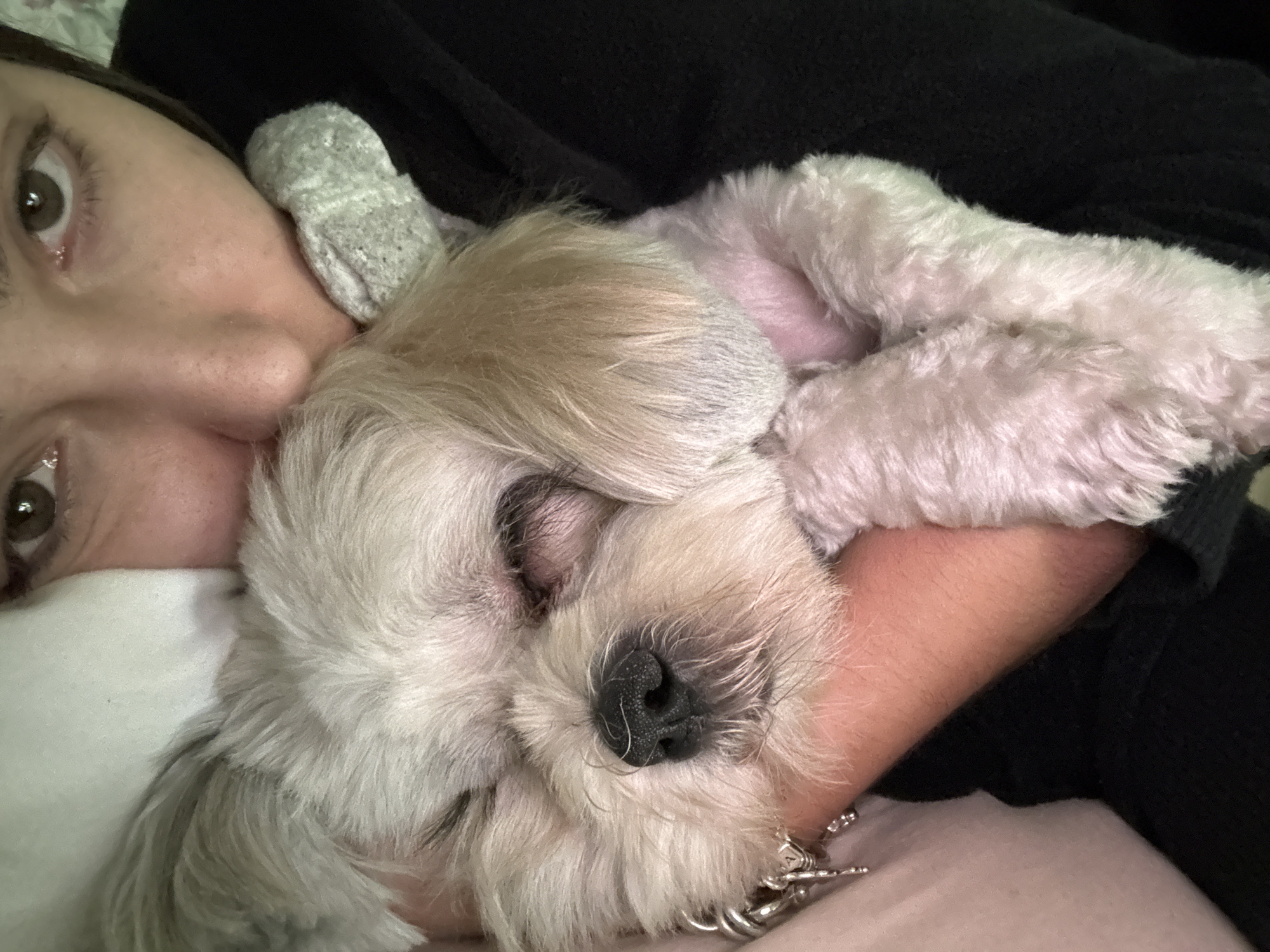 A close-up indoor shot features a person and a dog in close contact. The person, possibly a woman, is positioned on the left side of the frame, with her face partially visible, including her eye and cheek. To the right of the person, a light-colored, fluffy dog is curled up, seemingly asleep or relaxed. The dog's face is prominent, showing its nose and closed eyes. The person's arm is wrapped around the dog, creating a sense of comfort and closeness. The background is blurred and indistinct, appearing to consist of dark clothing. The setting appears to be a domestic environment, perhaps a bed. The location is not specified.