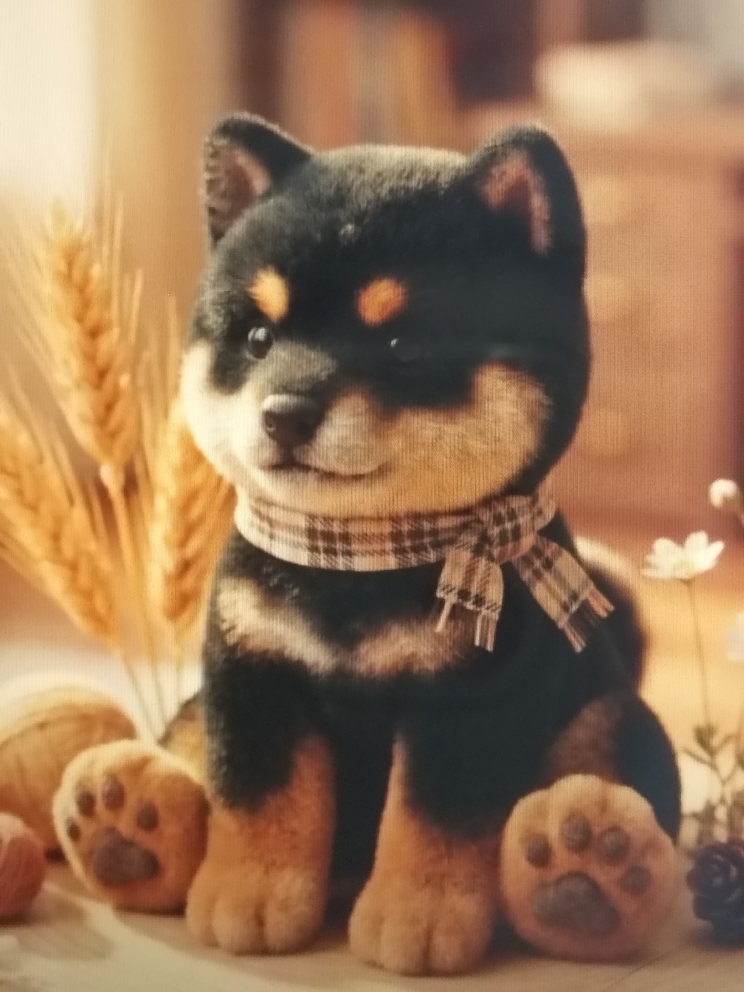 A stuffed toy dog, resembling a Shiba Inu, is the central subject of the image. It has black and tan markings and is wearing a plaid scarf. The dog is sitting on a light-colored surface. To the left of the dog, there are stalks of wheat. In the background, the environment is blurred, with warm tones suggesting an indoor setting. The image does not provide any information or context related to Payagaboh, Indonesia.