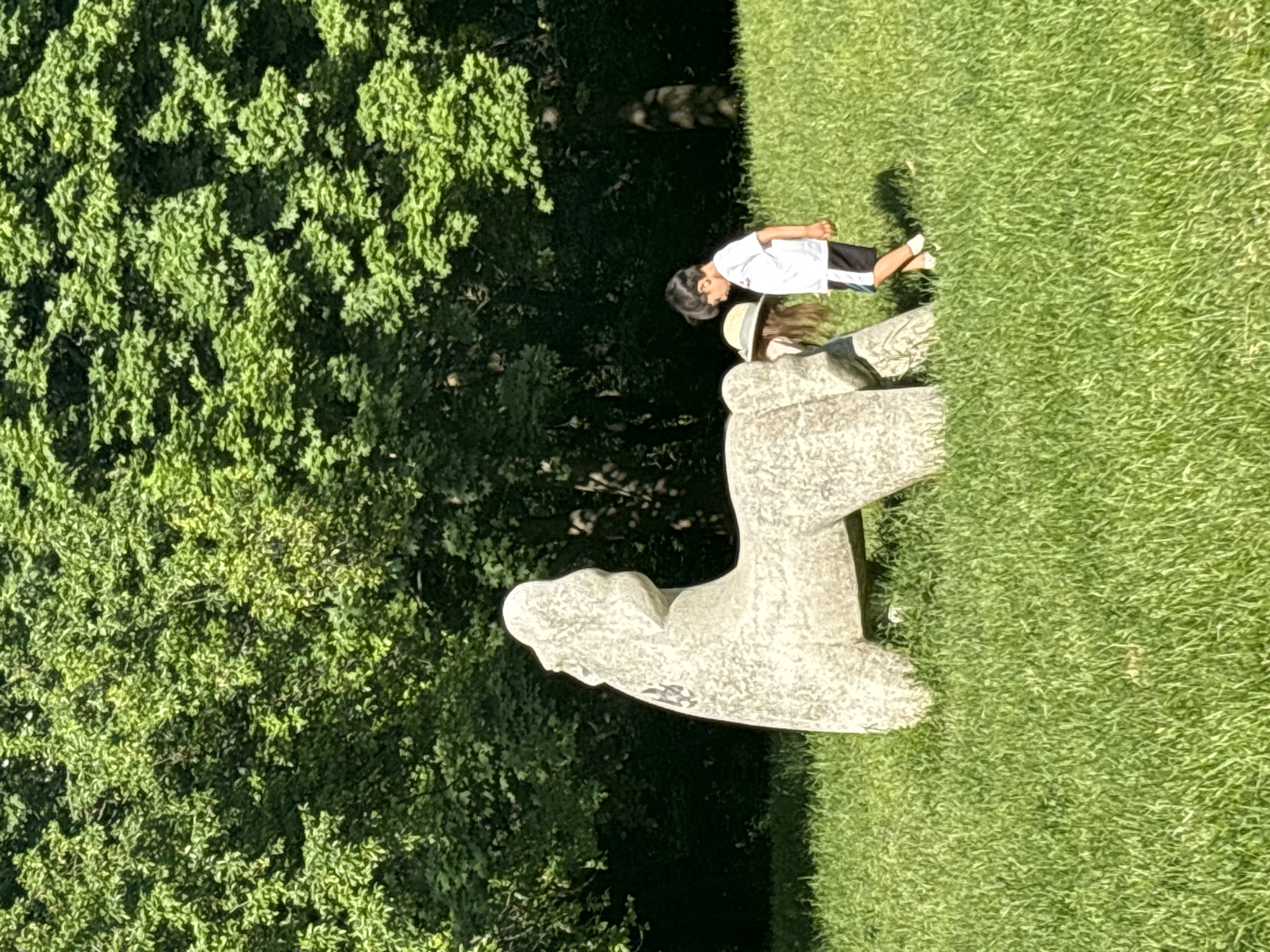 The image shows a grassy lawn with a large, stylized stone sculpture in the foreground. To the right of the sculpture, two figures are present: a young boy in a white t-shirt and dark shorts, and a person wearing a hat. A lush green forest is visible on the left side of the lawn. The photograph was taken at the Borisova gradina park in Sofia, Bulgaria.