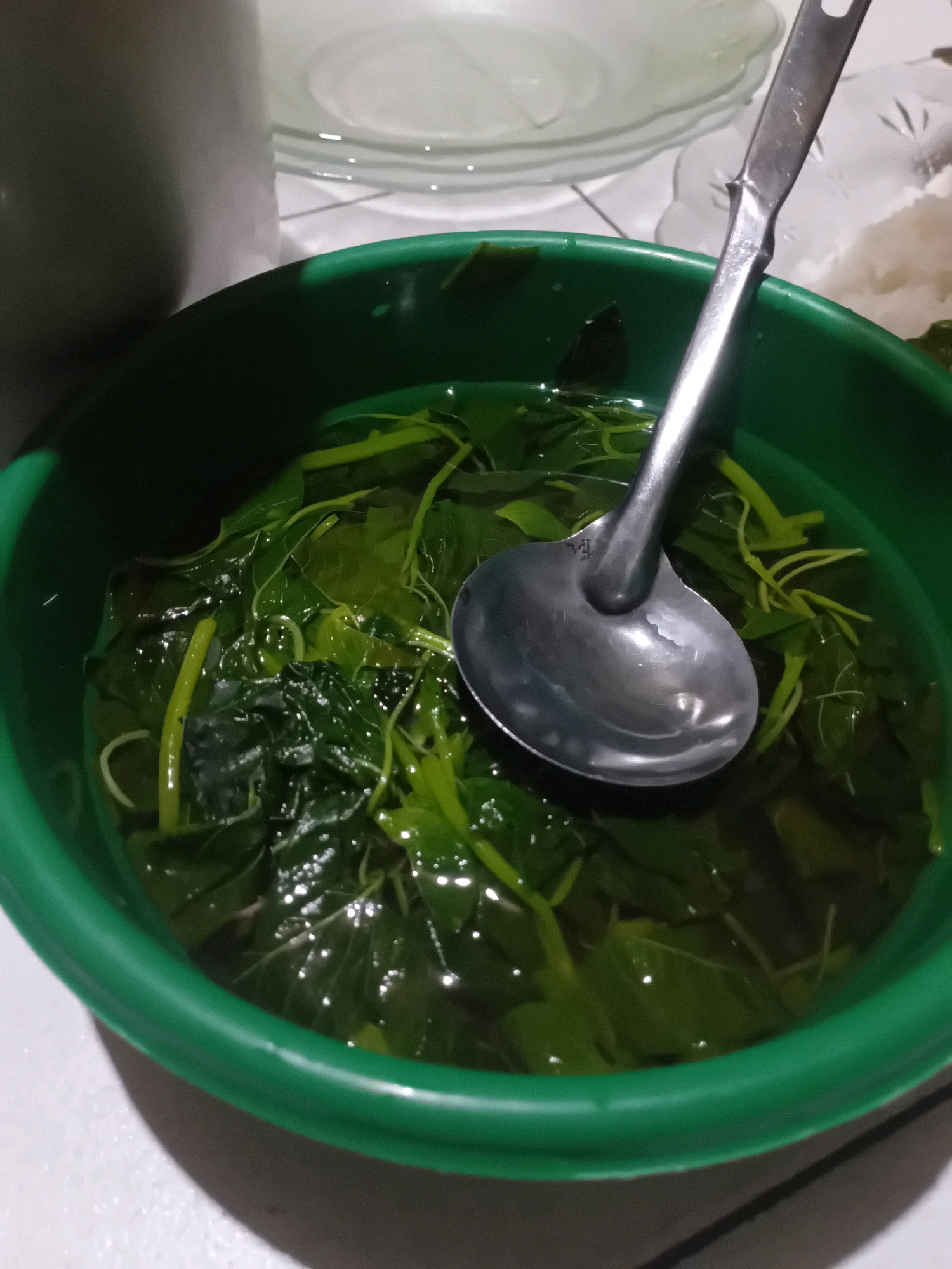 A close-up, overhead shot shows a green plastic bowl filled with cooked green vegetables, likely kangkung or water spinach, submerged in a clear broth. A metal ladle rests inside the bowl, with its handle extending towards the top of the frame. The vegetables appear wilted and bright green, with some stems visible. The broth is slightly murky and reflects the light. The bowl sits on a white surface, possibly a table, with a shadow cast to the right. In the background, out of focus, are stacked white plates and a portion of a gray container, possibly a pitcher. This scene is typical of a home kitchen in Pekanbaru, Indonesia, where such dishes are commonly prepared and served.