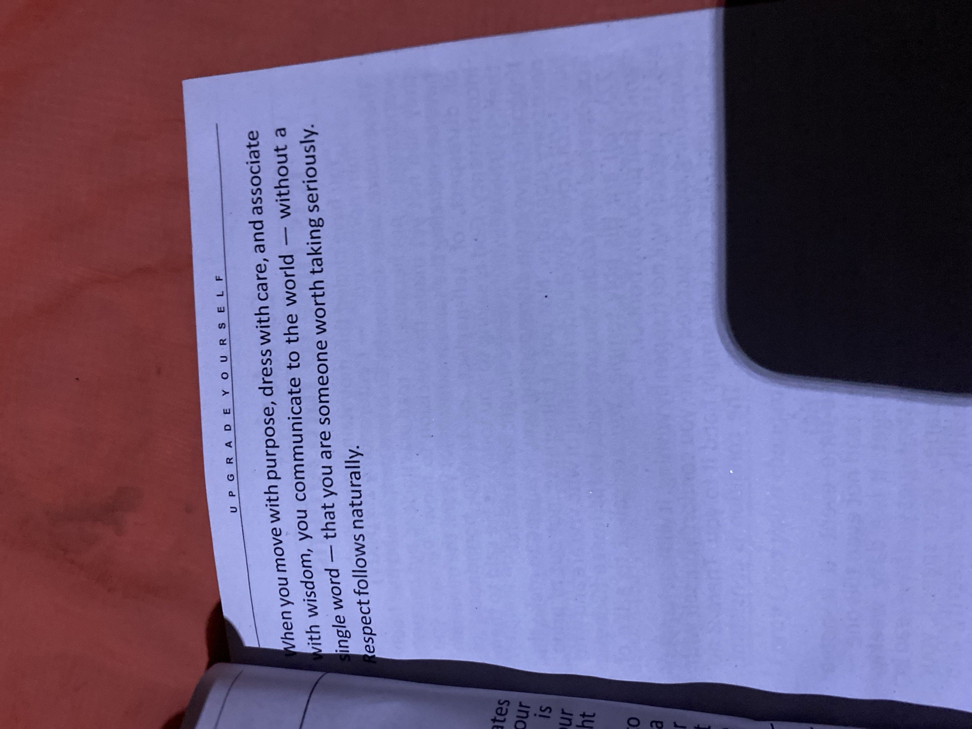 The image shows a page from a book titled "UPGRADE YOURSELF." The text on the page discusses moving with purpose, dressing with care, associating with wisdom, and communicating without words that you are someone worth taking seriously. The text also says that respect follows naturally.