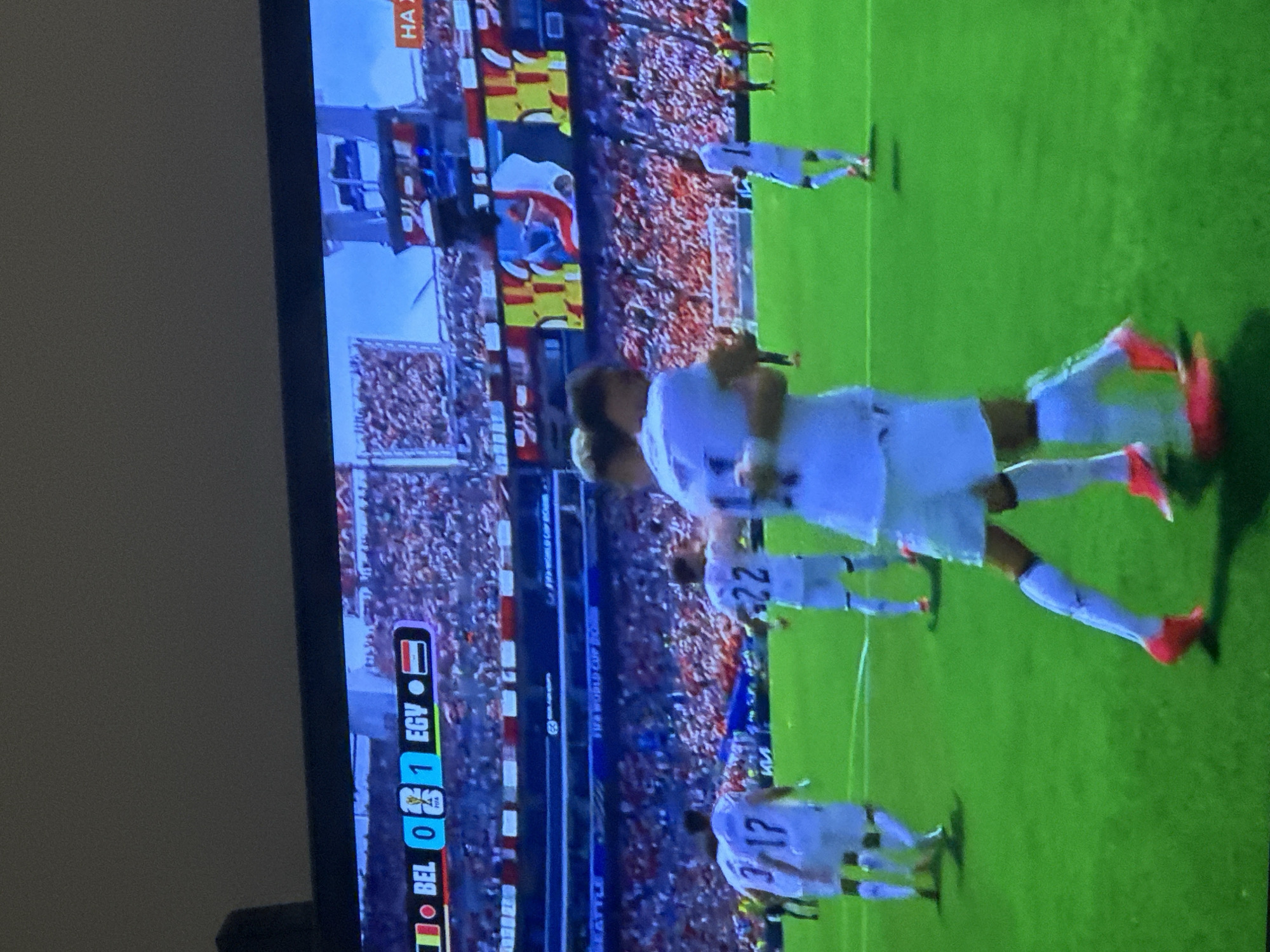 The image shows a soccer match, likely a video game simulation given the broadcast overlay. The score is displayed as BEL 0 - 1 EGY. Two players in white uniforms are embracing each other on the green soccer field, suggesting a goal celebration. Other players in similar white uniforms are visible in the background, along with a large crowd in the stadium stands. The stadium appears to be modern, with large screens displaying graphics and advertisements. The overall environment is a brightly lit soccer stadium. The location is not specified as Sofia, Bulgaria.