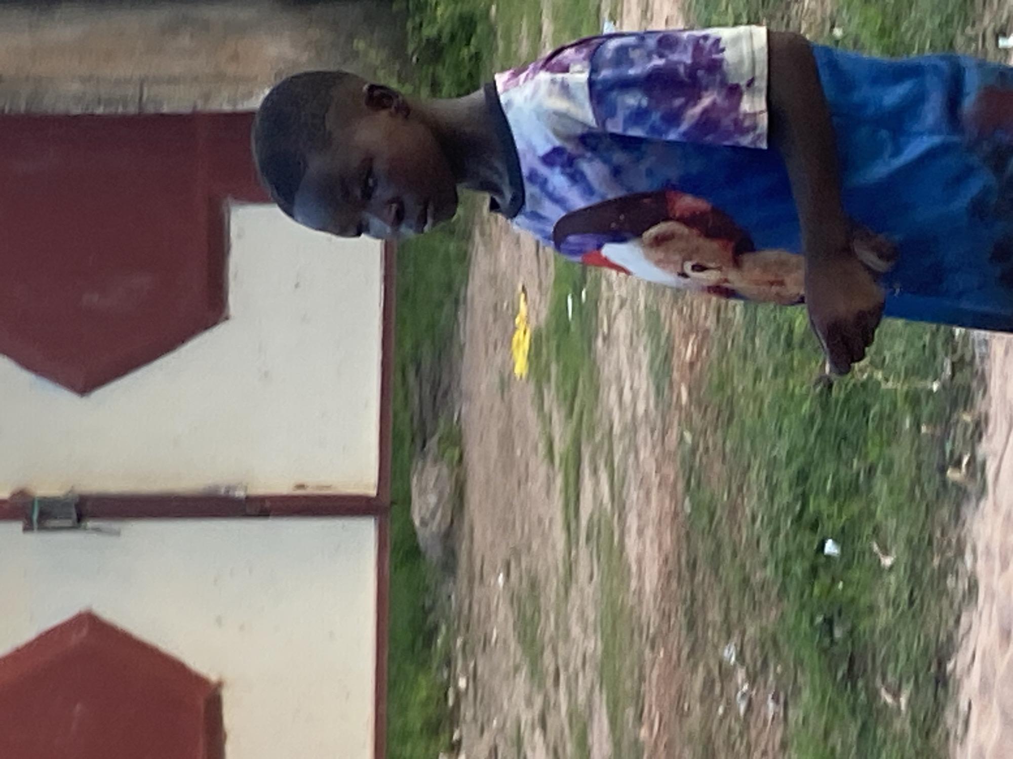 In Jauro Yinu, Nigeria, a young boy with dark skin and a short haircut is pictured standing outdoors in front of a building with a red and white facade. The boy is wearing a blue t-shirt with a tie-dye pattern and a graphic of a teddy bear. His right hand is visible, holding a small, dark object. The ground is covered with dirt and patches of green grass. The lighting suggests it is daytime, possibly late afternoon, given the soft, diffused light. The background features a vertical red post and the textured wall of the building.