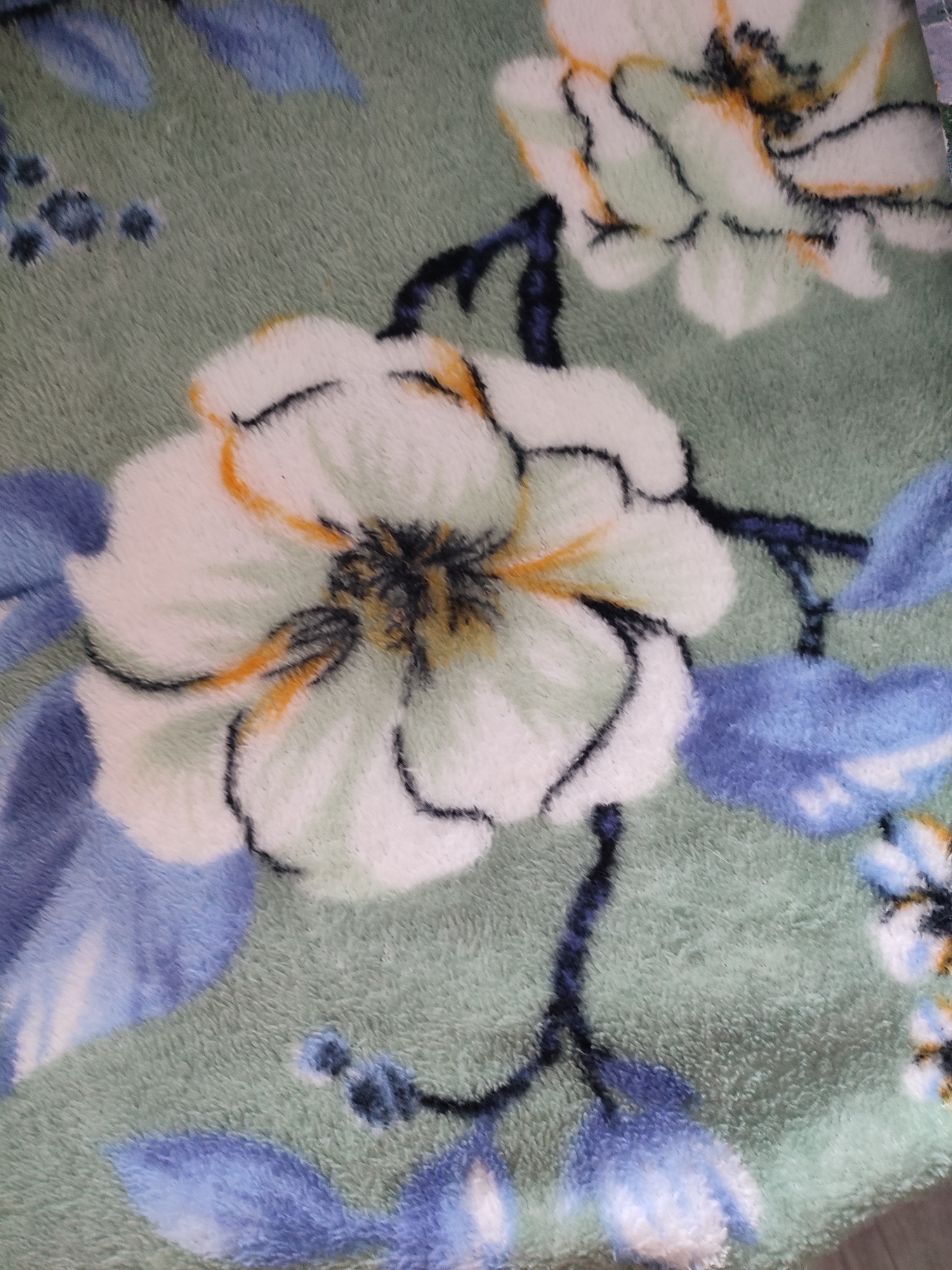 The image displays a close-up view of a fuzzy, light green blanket with a floral pattern. The pattern features white and light green flowers with black outlines and hints of orange in the centers. There are also blue floral elements and dark blue stems and branches interspersed throughout the design. The texture of the blanket is visible, with a soft, plush appearance. No specific location in Narowlya, Belarus, is depicted in this image; it is a detail of fabric.