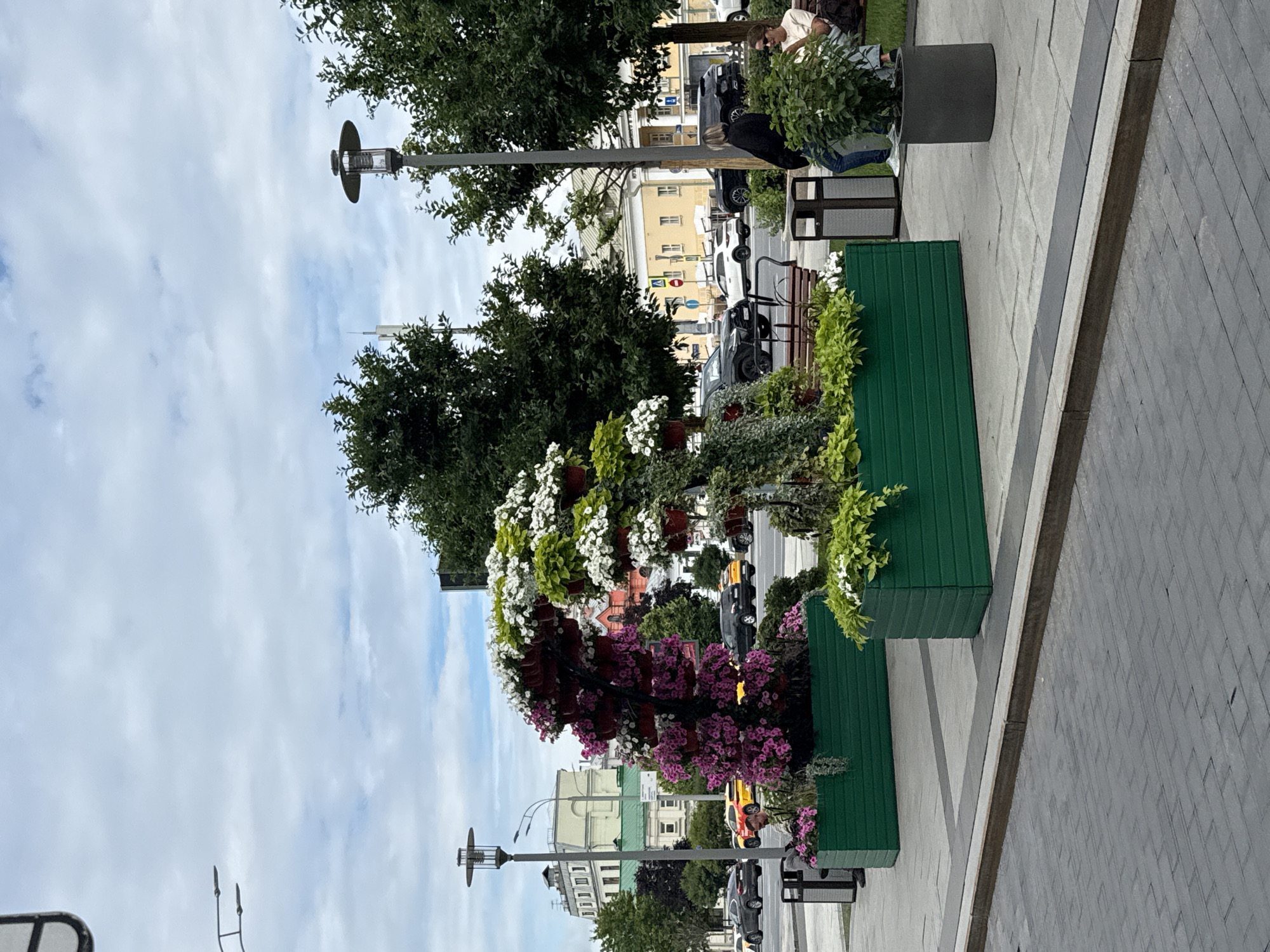 In Moscow, Russia, an outdoor scene features vibrant floral displays. Two large, arching structures overflowing with pink and white flowers are positioned in the foreground, set within rectangular green planters. These artistic arrangements are situated on a paved walkway, adjacent to a street with vehicular traffic, including cars and taxis. In the background, several buildings are visible, including a light-colored, multi-story structure with visible windows. Lampposts stand on either side of the walkway. Several people are present, with one individual sitting on a bench, another standing, and two women are seated on a bench on the right side of the image, one appearing to be in conversation. The sky is overcast with clouds.