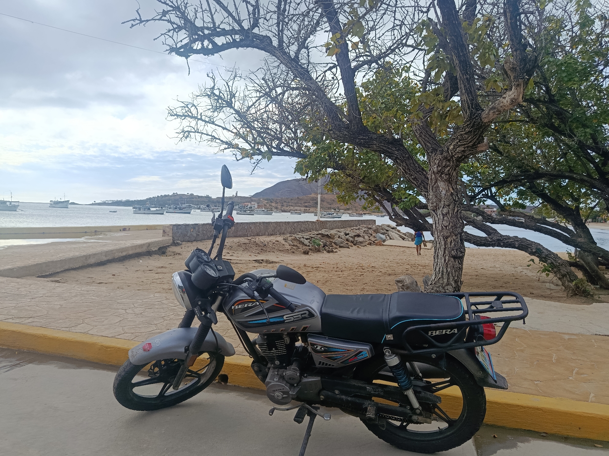 This image depicts a tranquil coastal scene in Juan Griego, Venezuela, under an overcast sky. In the foreground, a grey and black Bera SBR 150 motorcycle is parked on a concrete path beside a yellow curb. The motorcycle prominently features "BERA" branding on its fuel tank, seat, and engine block, with "SBR" visible on the tank's side panel and "150" on the engine cover. A partially obscured Red Bull sticker is also present on the front fender.
Behind the motorcycle, a large, mature tree with a thick, gnarled trunk and extensive branches extends across the right side of the frame. Some branches bear green leaves, while others are bare. Beneath the tree lies a sandy beach, bordered by a low stone wall that separates it from the paved path.
Beyond the beach, a bay or harbor is visible, dotted with numerous small boats and vessels anchored in the calm water. The distant shoreline features rolling hills and scattered buildings. A lone individual, dressed in a blue shirt and shorts, can be faintly seen walking on the sandy beach near the base of the tree in the mid-ground. The diffused lighting suggests it is daytime, possibly morning or late afternoon. The scene conveys a sense of quiet, everyday life in a coastal community.