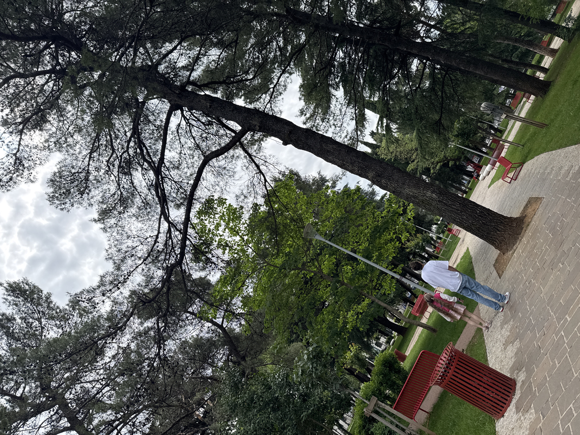 The image shows a park in Podgorica, Montenegro. A paved walkway is visible, bordered by green grass and trees. Red benches are placed along the walkway. A man in a white shirt and blue jeans is standing next to a girl in a pink dress and jacket. They appear to be looking at something. A lamppost is positioned nearby. The sky is overcast.