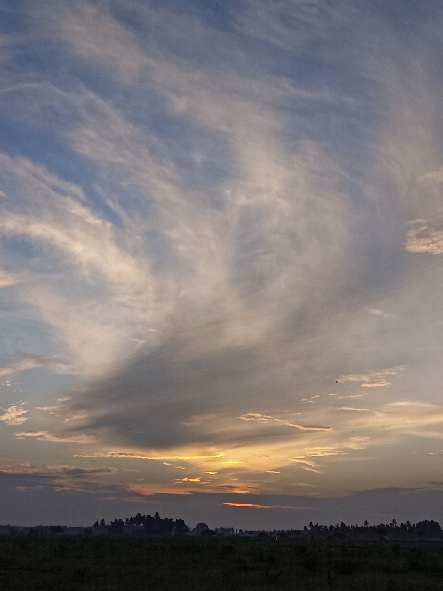 A twilight scene unfolds over the rural outskirts of Meunasah Pupu, Indonesia. The sky is a canvas of soft blues and grays, streaked with wispy, elongated clouds that catch the fading sunlight. The horizon is marked by a silhouetted treeline, dense with foliage, suggesting a landscape of fields and vegetation. A band of warm, orange light emanates from the setting sun, partially obscured by darker clouds low on the horizon, casting a gentle glow over the dusky environment. The foreground is a dark, indistinct expanse, likely agricultural land or open fields, shrouded in the dim light of dusk. No people or animals are clearly visible in this tranquil, natural setting.