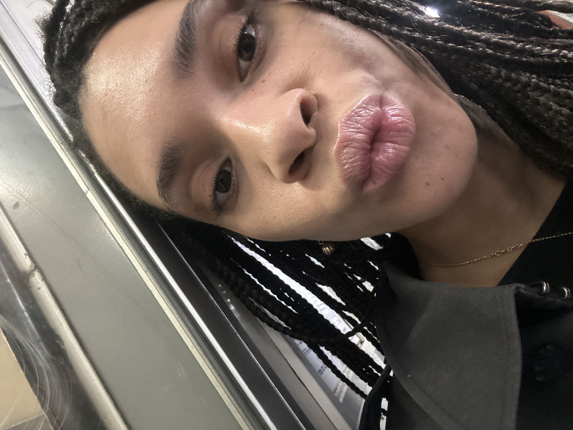The image is a close-up, angled selfie featuring an adult with medium-dark skin, dark eyes, and long, dark braided hair. The person is making a playful "kiss face" with plump, slightly glossy lips. Their head is tilted and rests against a reflective surface, likely a window, revealing blurred reflections of their braids. A thin, gold-colored necklace is visible around their neck, partially covered by a dark, possibly black or charcoal, garment that appears to be a jacket or top.
The background, seen through and reflected on the surface, displays distinct grey and metallic lines, suggesting structural elements. These lines, combined with the reflective nature of the surface, hint at an indoor setting, possibly within a mode of public transport such as a train, bus, or underground system, aligning with the location context of the London Borough of Southwark. The lighting appears soft and even. The person's skin shows a natural sheen on the forehead and nose, and a few faint freckles are visible around the nose and cheeks. No legible text is discernible in the reflections or background. The overall impression conveys a moment of casual expressiveness.