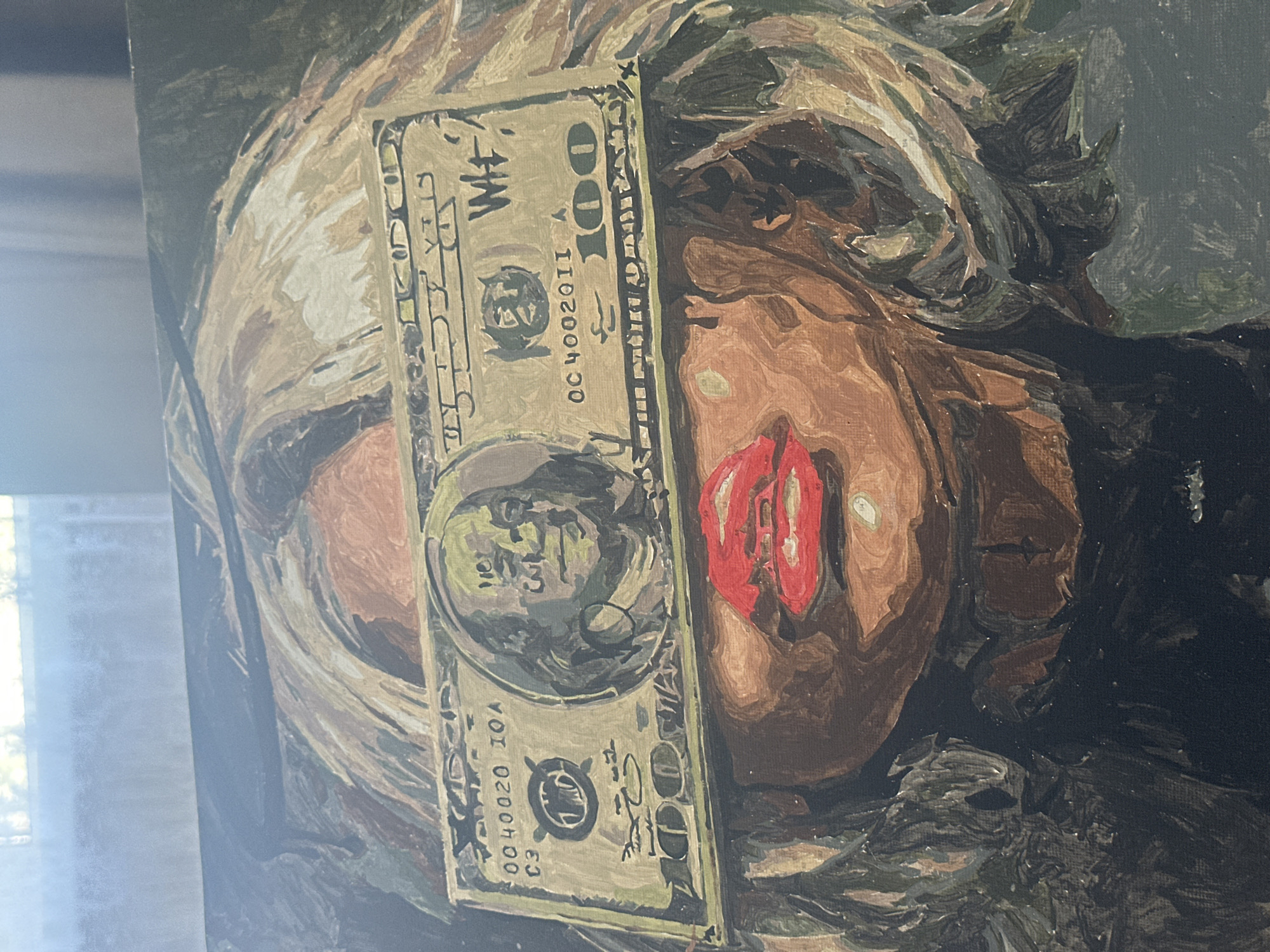 An oil painting of a woman with a hundred-dollar bill covering her eyes and nose. Her lips are painted red, and she has dark hair. The background is a mix of dark and light colors, with a possible window on the left side. The hundred-dollar bill appears to be painted as well. There is no information about the location of the city of Высокий, Russia.