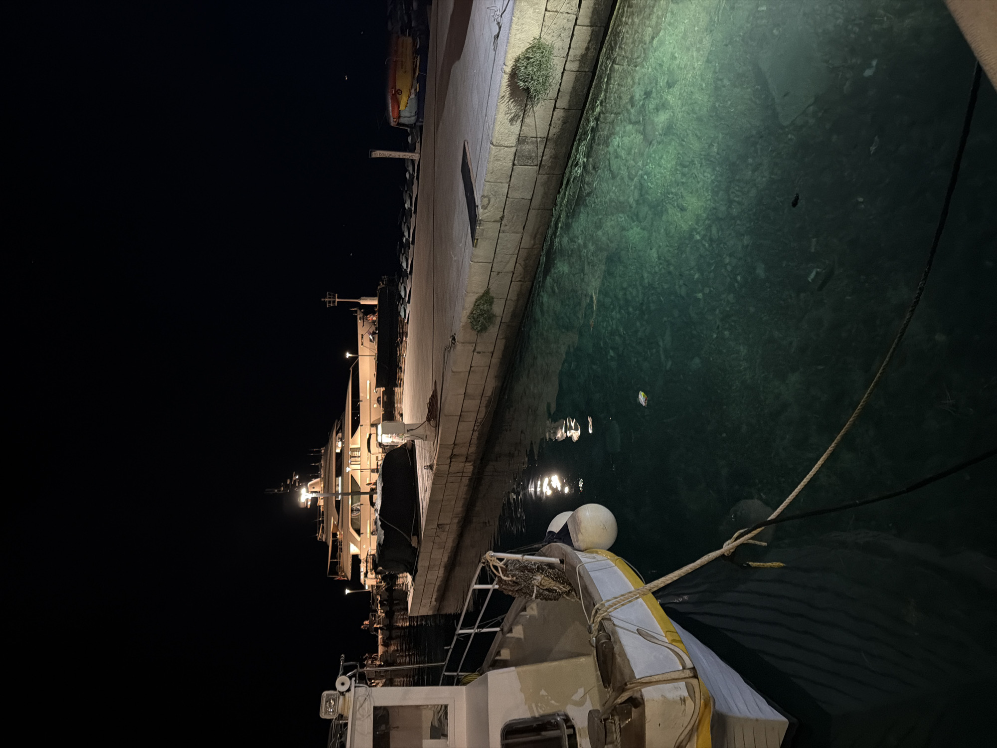 The image depicts a night scene in a harbor, likely in Općina Brela, Croatia. The primary subjects are boats docked along a stone quay. The water is clear and greenish, with reflections of lights visible on its surface. The quay is illuminated by artificial lights, casting long shadows.
On the left side of the image, a large, multi-story vessel is moored. It appears to be a ferry or a cruise ship, with multiple decks and lit windows. Moored closer to the foreground is a smaller boat, possibly a fishing boat or a pleasure craft. It has a white hull with yellow accents and is equipped with safety equipment like lifebuoys and ropes. One of the lifebuoys is prominently white and spherical.
The scene is dark, indicating it's nighttime. The weather appears calm, as the water is still and shows clear reflections. The presence of a harbor, the style of the quay, and the water suggest a coastal location. There is a hint of graffiti on a signpost attached to the quay wall. No people are visible in the frame. The overall mood is tranquil and still, typical of a harbor at night.