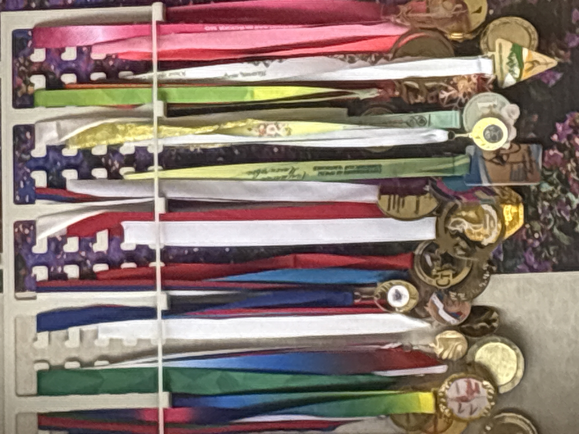 The image displays a collection of sports medals hanging from a multi-tiered rack. The medals are attached to various colored ribbons, including red, white, blue, green, and yellow. Some ribbons are plain, while others have printed text or patterns. Several medals are visible, featuring different designs and sizes. In the background, there is a patterned fabric, possibly a wall hanging or tapestry, with a floral motif. The scene is indoors, with the lighting suggesting it is not natural sunlight. The location of Georgiyevsk, Russia, is not discernible from the visual elements in the image. There are no people or actions depicted.
