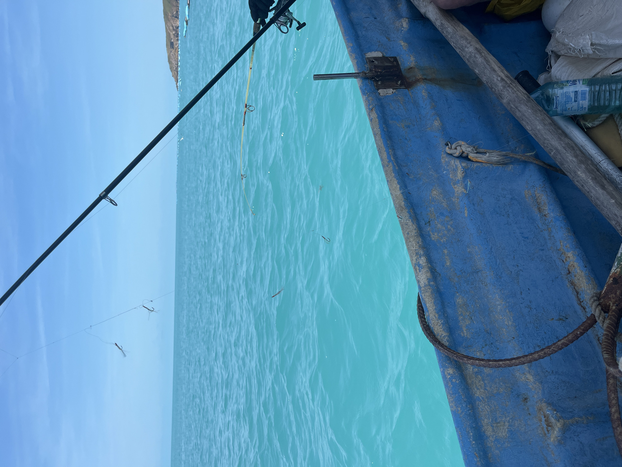 A wide-angle outdoor shot captures a fishing scene from a small, weathered blue boat on bright turquoise water under a clear blue sky in the city of Unknown, Unknown.
In the immediate foreground, the top edge and inner side of a worn blue wooden boat are visible. The boat's paint is chipped and faded, revealing underlying material and some areas of rust or dirt. A thick, dark rope is coiled along the gunwale, and another frayed rope is tied to a fixture inside the boat on the left. A metal mounting bracket with a vertical rod is attached to the boat's side on the right. Inside the boat, a plastic bottle of "Velvetic" branded water (1.5L, pH 9.57) rests among a wooden plank and some white and yellow fabric items.
Two fishing rods are angled into the frame from the right. The prominent black rod in the upper right is held by a gloved hand, partially visible. A second, lighter-colored rod (yellowish) extends horizontally from the boat's right side. Multiple fishing lines extend from these rods. Several fishing lures, appearing as small, white or light-colored jigs or flies with feathery or synthetic material, are visible suspended on the lines against the sky and above the water. Two lures are prominently displayed in the upper-left quadrant.
The expansive body of water is a striking, clear turquoise color with visible ripples on its surface. Small, dark, elongated shapes, possibly tiny fish or bait, are faintly visible jumping or skimming the water's surface in the mid-ground.
In the background, a distinct horizon separates the calm, vibrant water from a clear, cloudless blue sky. On the far right, a low-lying landmass or island with some vegetation is visible. Numerous small, blue, cylindrical objects are floating on the water in the distance near the land, indicating a possible aquaculture operation or marine infrastructure.