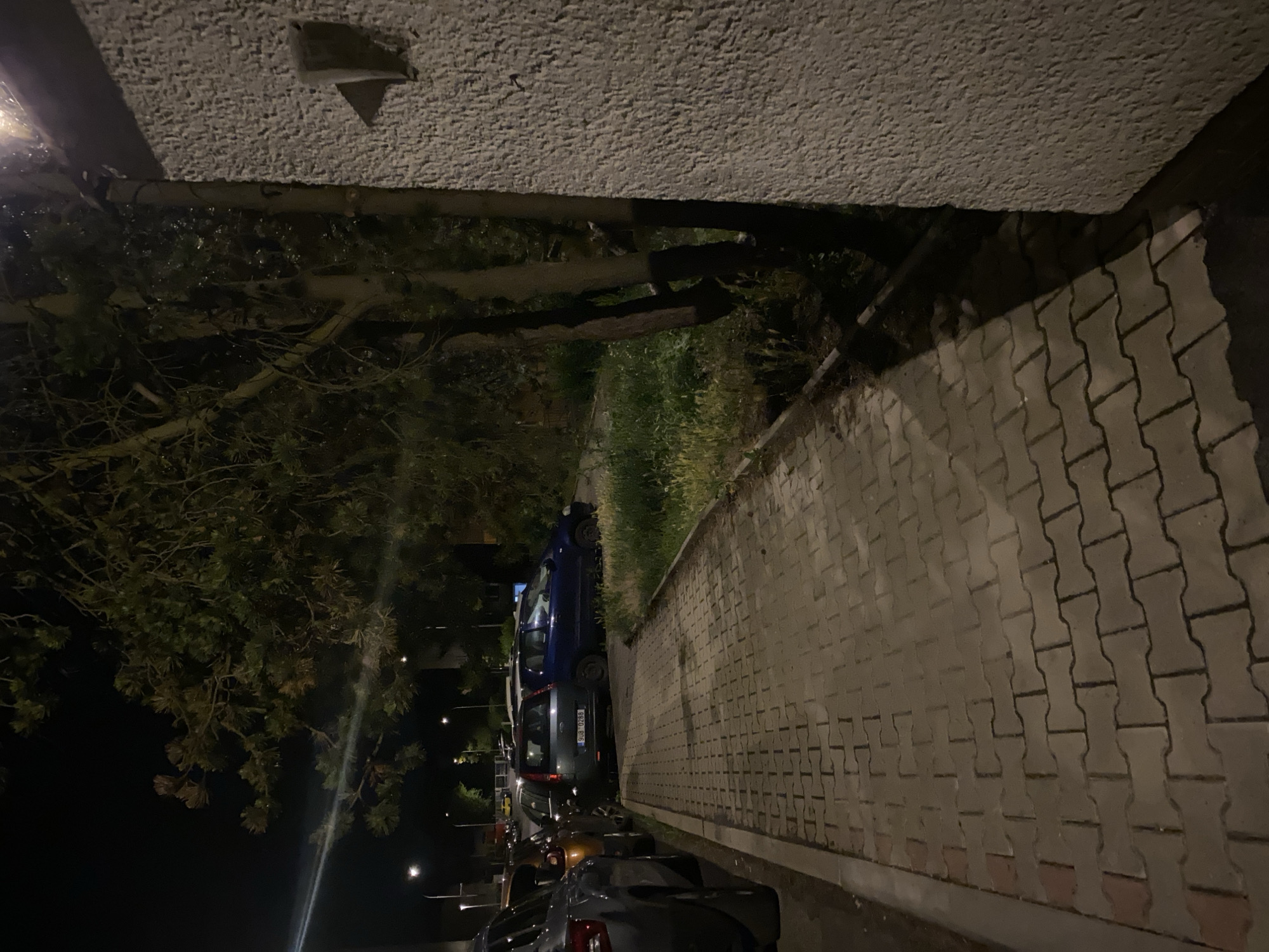 The image depicts a nighttime view of a paved pedestrian walkway alongside a parking area and a building. The walkway is constructed of interlocking brick pavers in a tan and grey color scheme. To the left of the walkway, several cars are parked in a line. The vehicles appear to be a mix of sedans and hatchbacks, with one vehicle, a dark blue hatchback with license plate 9U8 0268, prominently visible. Behind the parked cars, there is a patch of overgrown grass and weeds.
In the background, trees with dark foliage are visible, some with branches extending over the walkway. The scene is illuminated by artificial light sources, including streetlights visible in the distance, casting shadows on the ground. To the right of the walkway, a textured, light-colored building wall rises vertically, with a small, dark, angular fixture attached to its surface. The overall environment suggests an urban or suburban setting at night. The presence of streetlights and parked cars indicates a developed area.