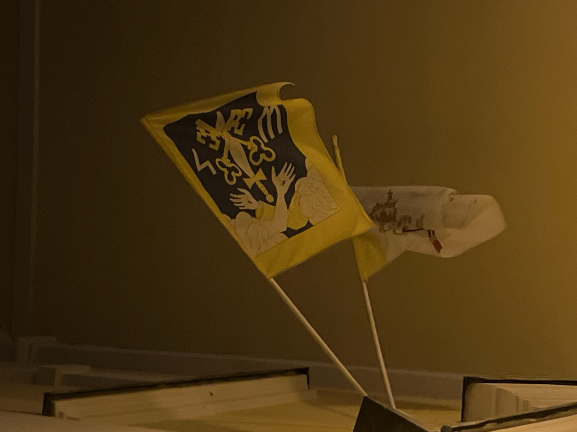 In Nitra, Slovakia, two flags are displayed on flagpoles attached to a building. The upper flag is predominantly yellow with a dark blue emblem featuring various symbols, including keys, hands, and what appears to be a stylized lion or griffin. The lower flag is white with a red and gold emblem of St. George and the Dragon. Both flags are hanging from white poles, with the building's exterior wall visible in the background. The lighting suggests it is nighttime or dusk.