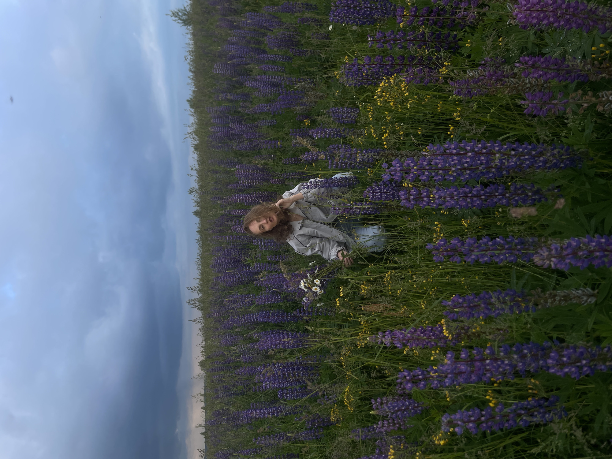 A young woman with wavy brown hair is kneeling in a field of tall purple lupine flowers and smaller yellow wildflowers. She is wearing a light-colored bomber jacket and blue jeans. She is holding a small bouquet of white daisies in her left hand. The sky above is overcast with dark, dramatic clouds, suggesting impending rain. The scene is set in a rural area, specifically identified as Kuyeda, Russia.