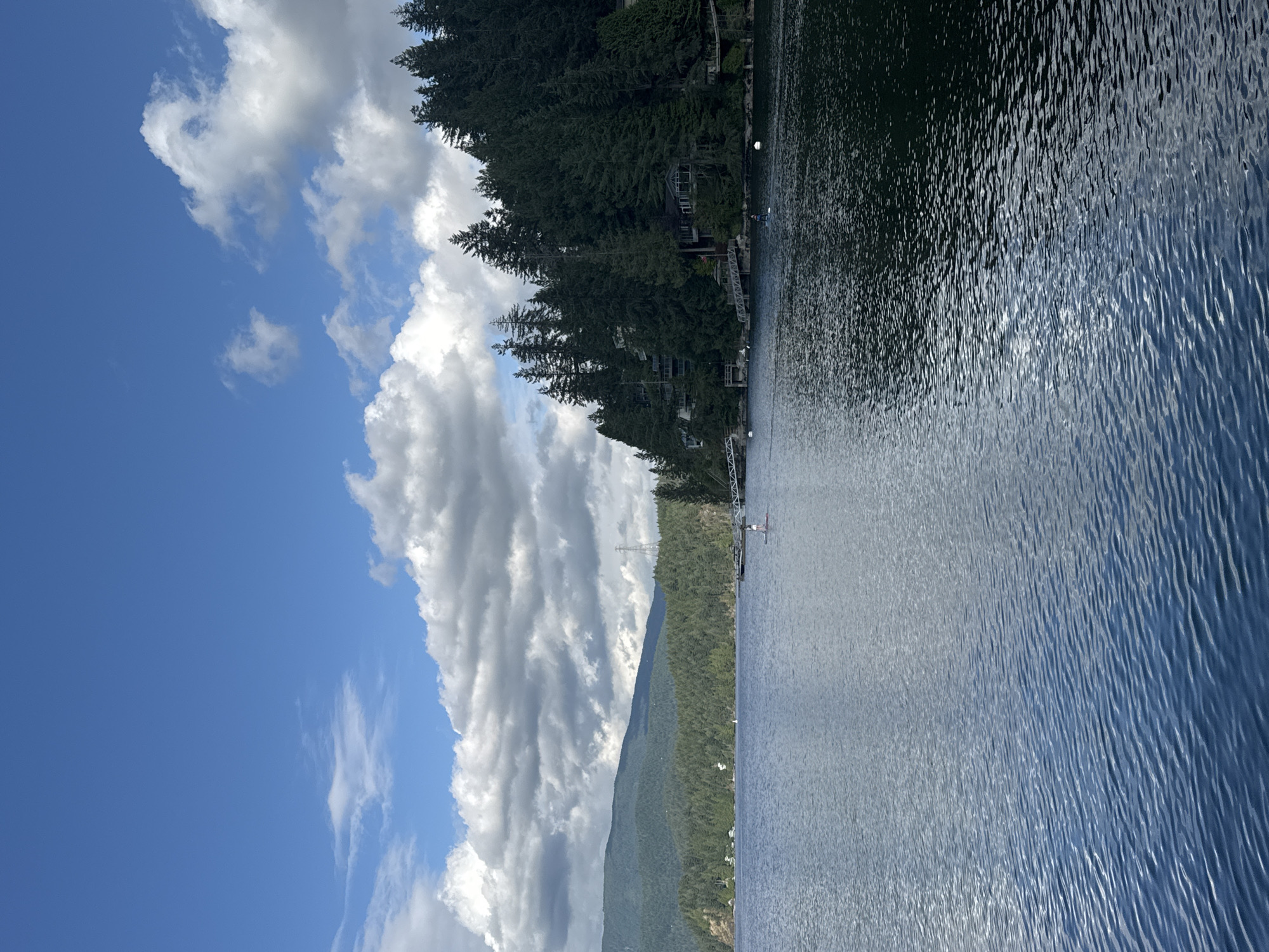 A wide shot captures a serene lake scene under a partially cloudy sky. The foreground is dominated by the rippling surface of the dark blue water, reflecting the sky. In the mid-ground, a person stands on a paddleboard in the middle of the lake. The shoreline on the right is densely forested with tall evergreen trees. Nestled within the trees are several houses, some with visible decks and bridges extending towards the water. The left side of the image shows a distant, hazy mountain range covered in green vegetation. A tall power transmission tower is visible on the right side of the mountain range. The overall scene suggests a tranquil, natural setting within a populated area, likely a residential waterfront community in the District of North Vancouver, Canada.