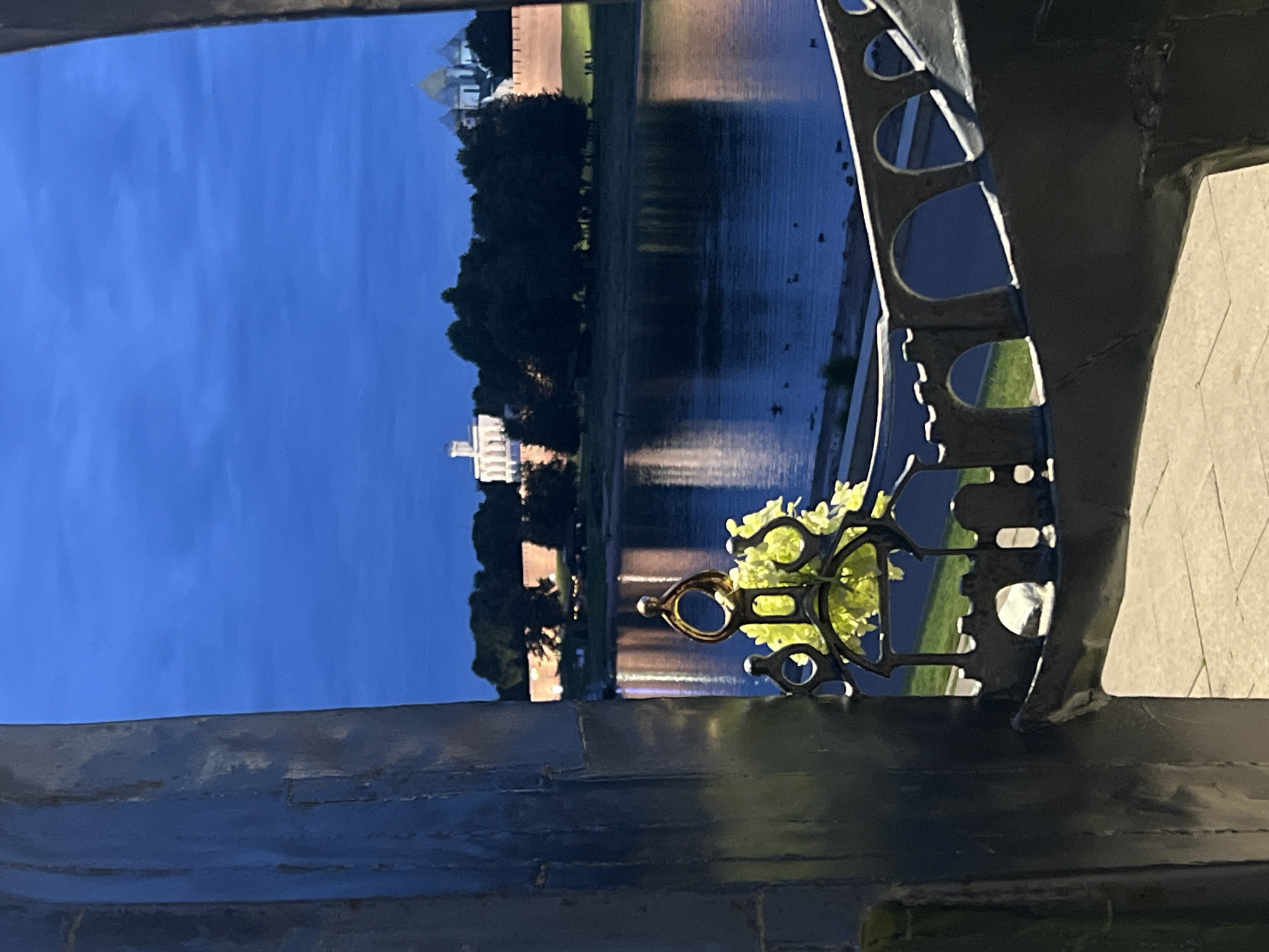 The image depicts a view through an ornate black metal gate, framing a scene at dusk in Veliky Novgorod, Russia. In the foreground, the dark metal of the gate, possibly part of a fence or architectural element, occupies the left and bottom portions of the frame. A decorative element of the gate, featuring a circular motif and what appears to be a small cluster of artificial yellow flowers, is visible in the mid-ground.
Beyond the gate, a wide, calm river reflects the twilight sky and the lights of buildings on the opposite bank. The river appears dark blue, with subtle ripples and several small, dark shapes that might be ducks or other waterfowl scattered on its surface.
Across the river, the skyline of Veliky Novgorod is visible. Dominating the background are the crenellated walls of the Kremlin, which appear as a reddish-brown fortification stretching horizontally. Behind the walls, silhouetted trees form a dark band. Prominently situated within the Kremlin grounds are white architectural structures, including what appears to be the St. Sophia Cathedral with its iconic domes, and another multi-story white building. The light is low, casting a blue hue across the sky and water, indicating either early morning or late evening. The overall atmosphere is serene and historic.