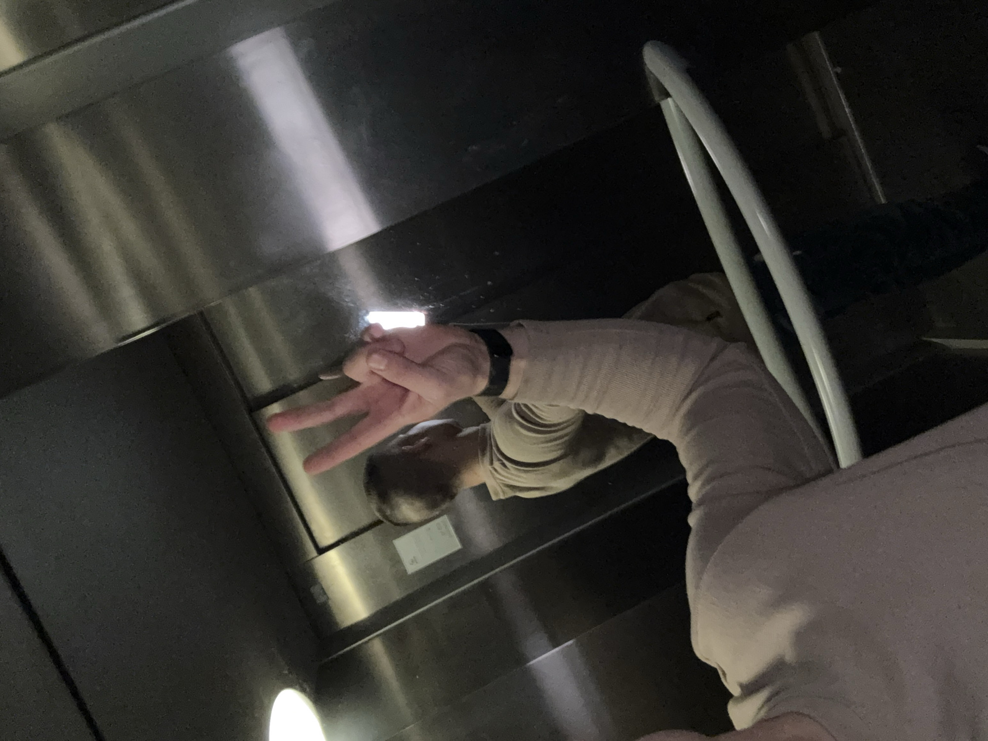 A male person with short brown hair is posing in an elevator with stainless steel interior, making a peace sign with his right hand. He is wearing a long-sleeved beige shirt and a black watch on his left wrist. The elevator has a handrail on the right side. There is a small sign visible on the elevator wall behind the person's head. The location is unknown; there is no evidence indicating it is in Sofia, Bulgaria.